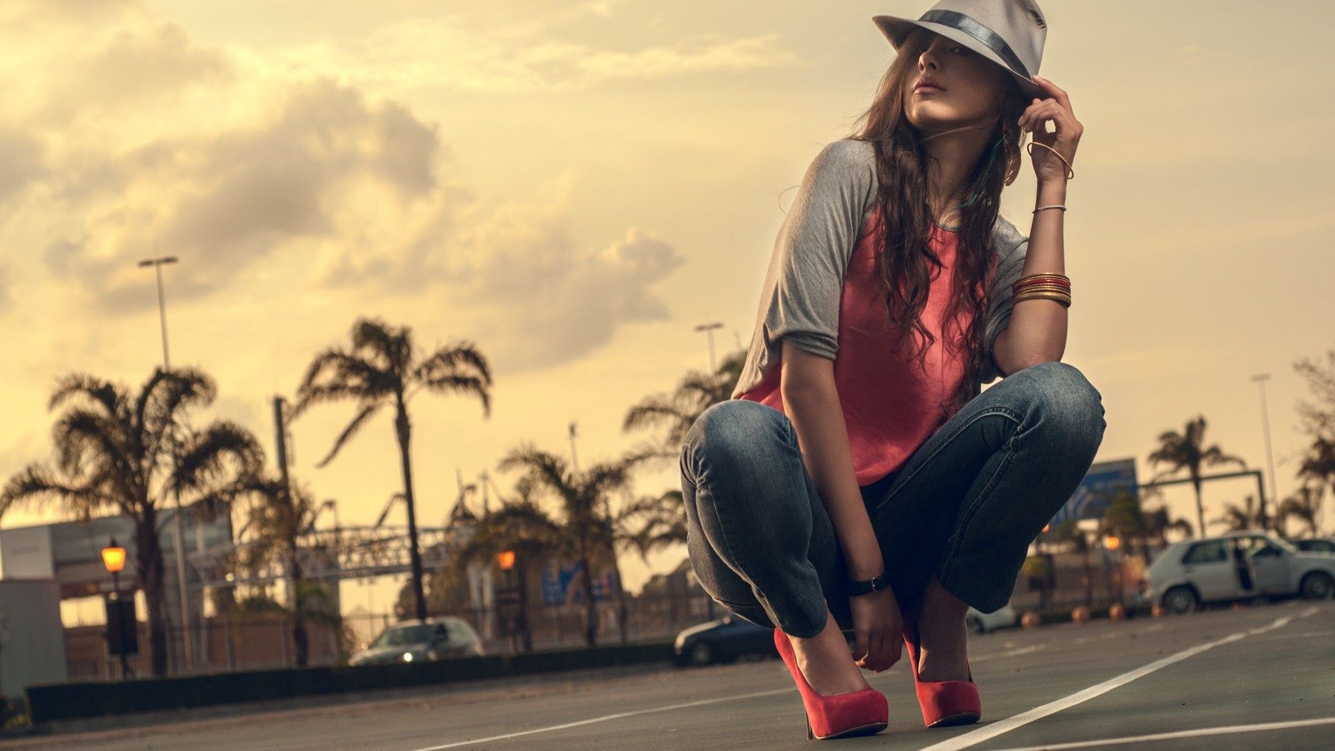hat, #urban, #bracelets, #high heels, #kneeling, #women, #jeans, wallpaper. Heels, Brunette woman, Women