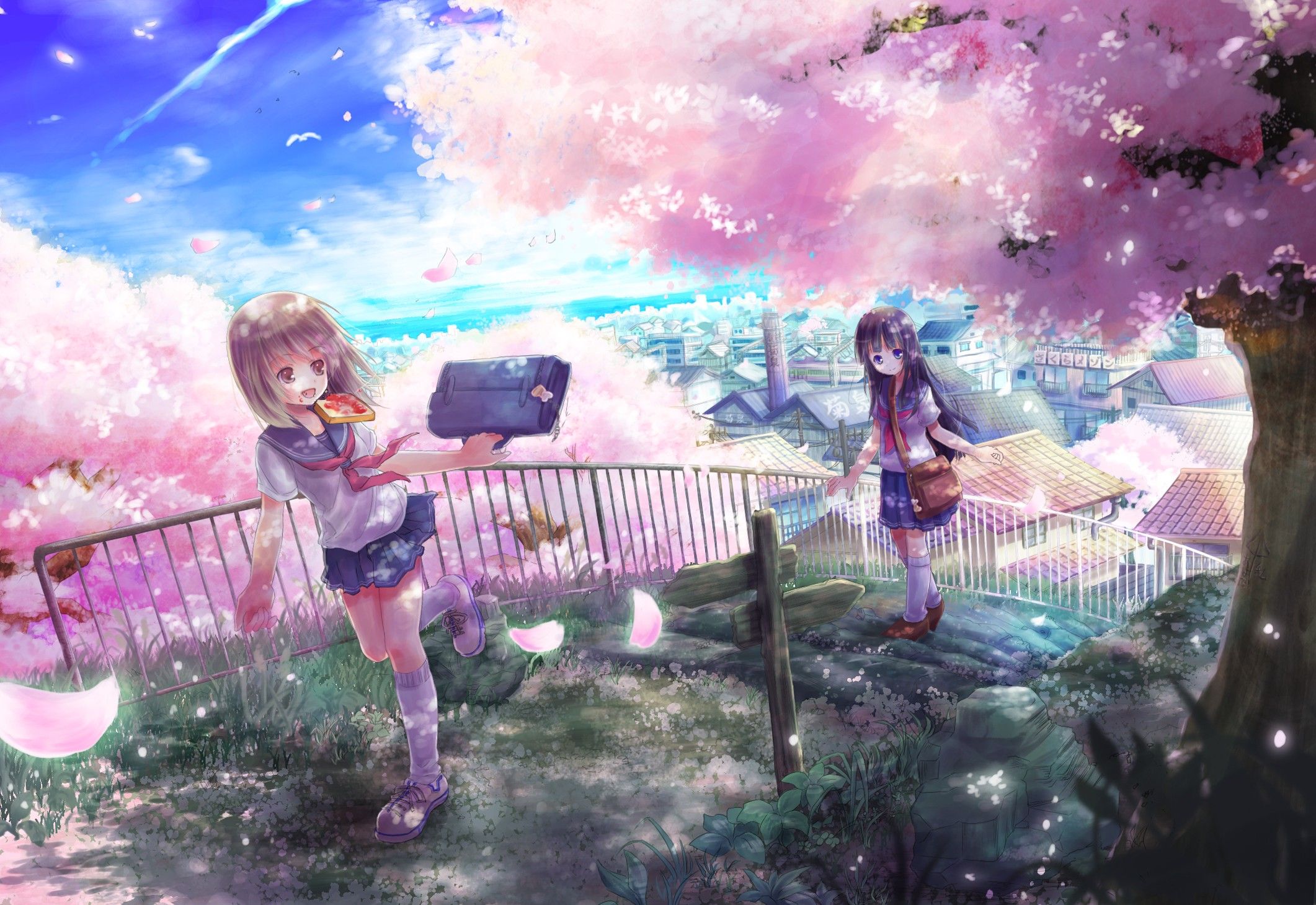 cherry blossoms, flowers, original, school uniforms, anime girls