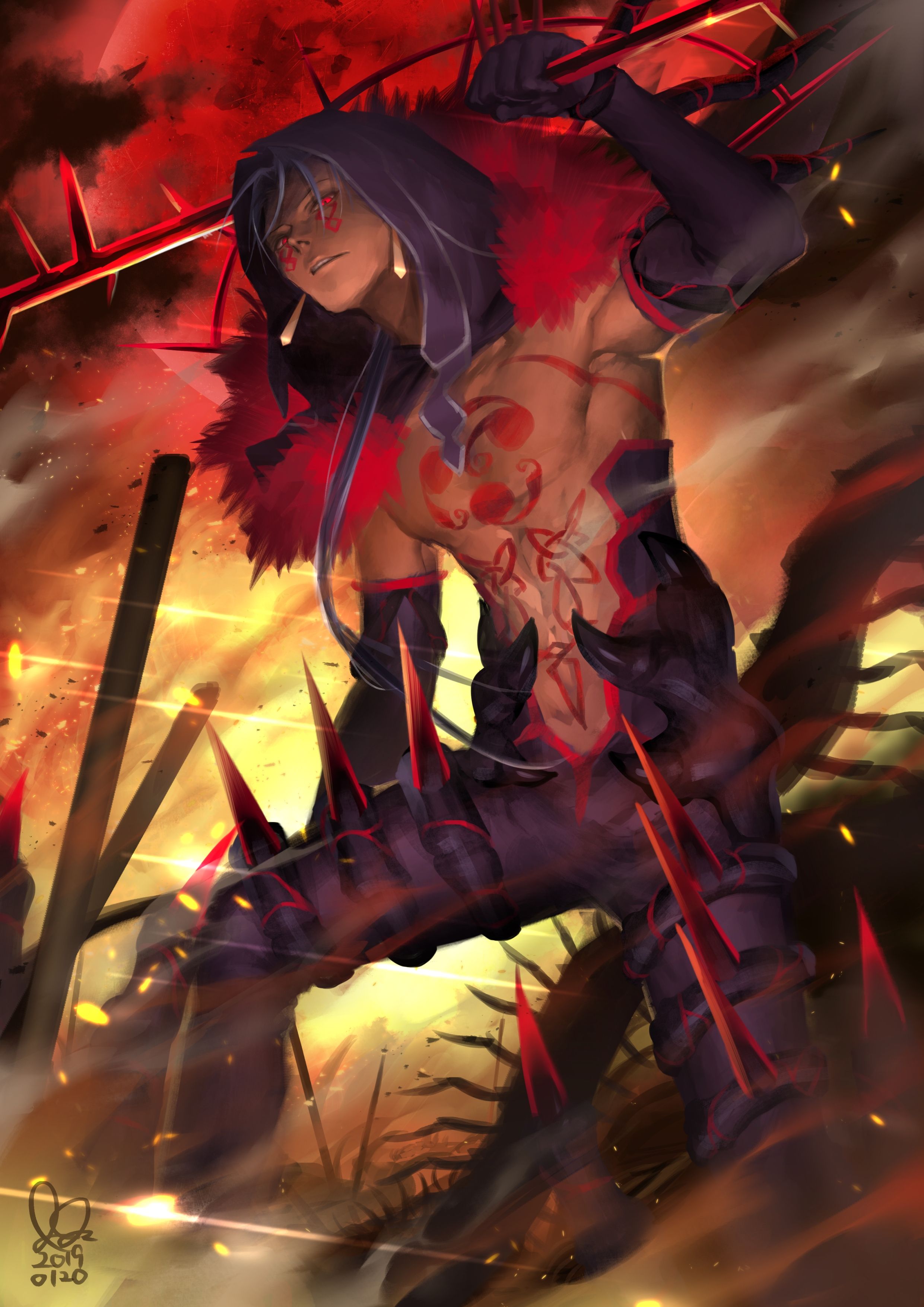 Download 2481x3508 Fate Stay Night, Lancer, Demon, Sword, Red Eyes, Anime Boy Wallpaper