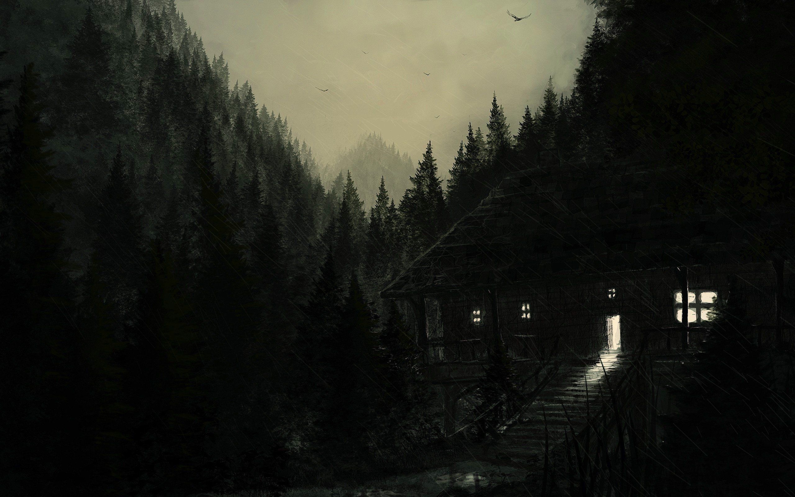 artwork, Dark, Mountains, Forest HD Wallpaper / Desktop