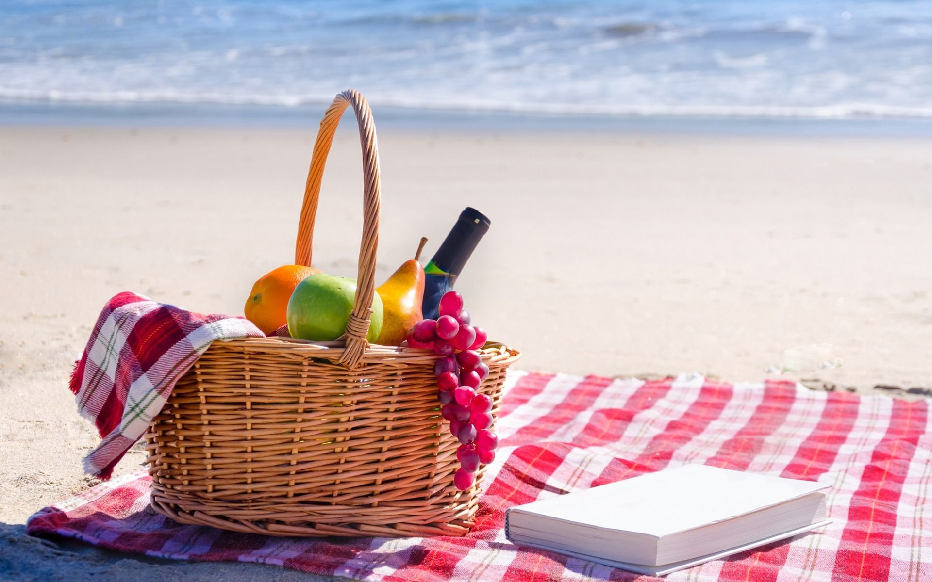 Download wallpaper picnic concerts, fruit and wine basket, beach