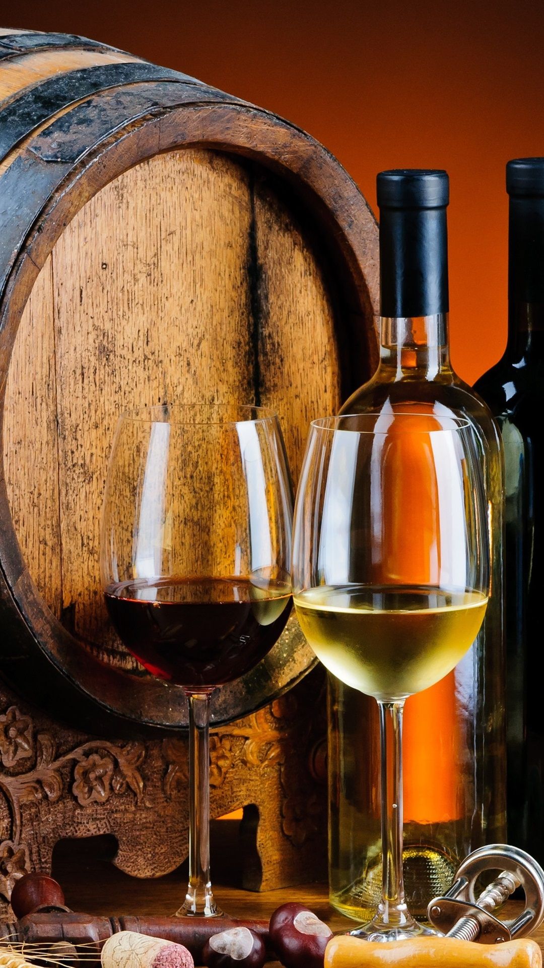 Wallpaper Wood barrel, wine, beer, bottles, glass cups, drinks