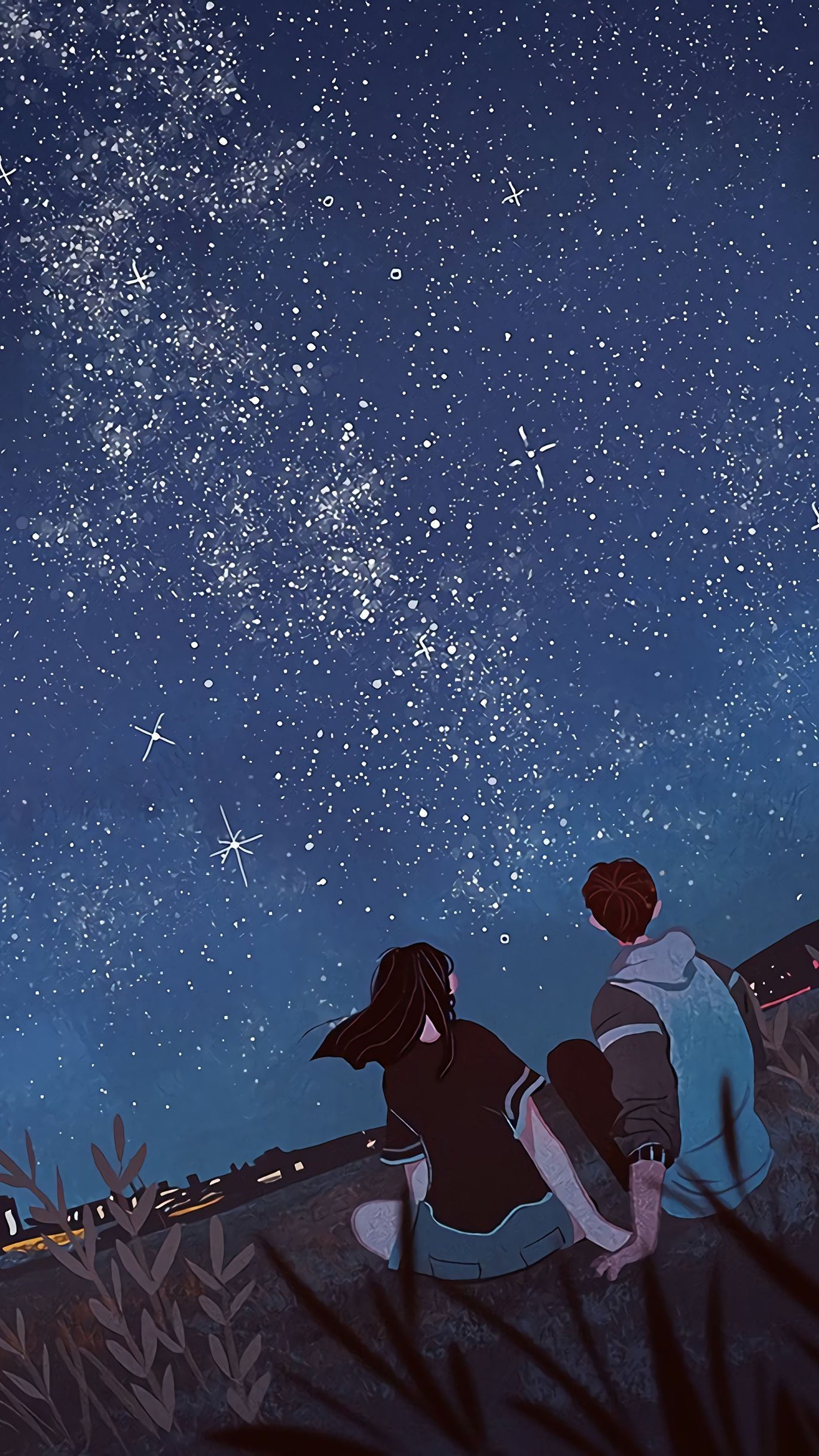 Shining star on the sky, girl and boy sitting in the grassland. Cute art, Aesthetic art, Cute couple art