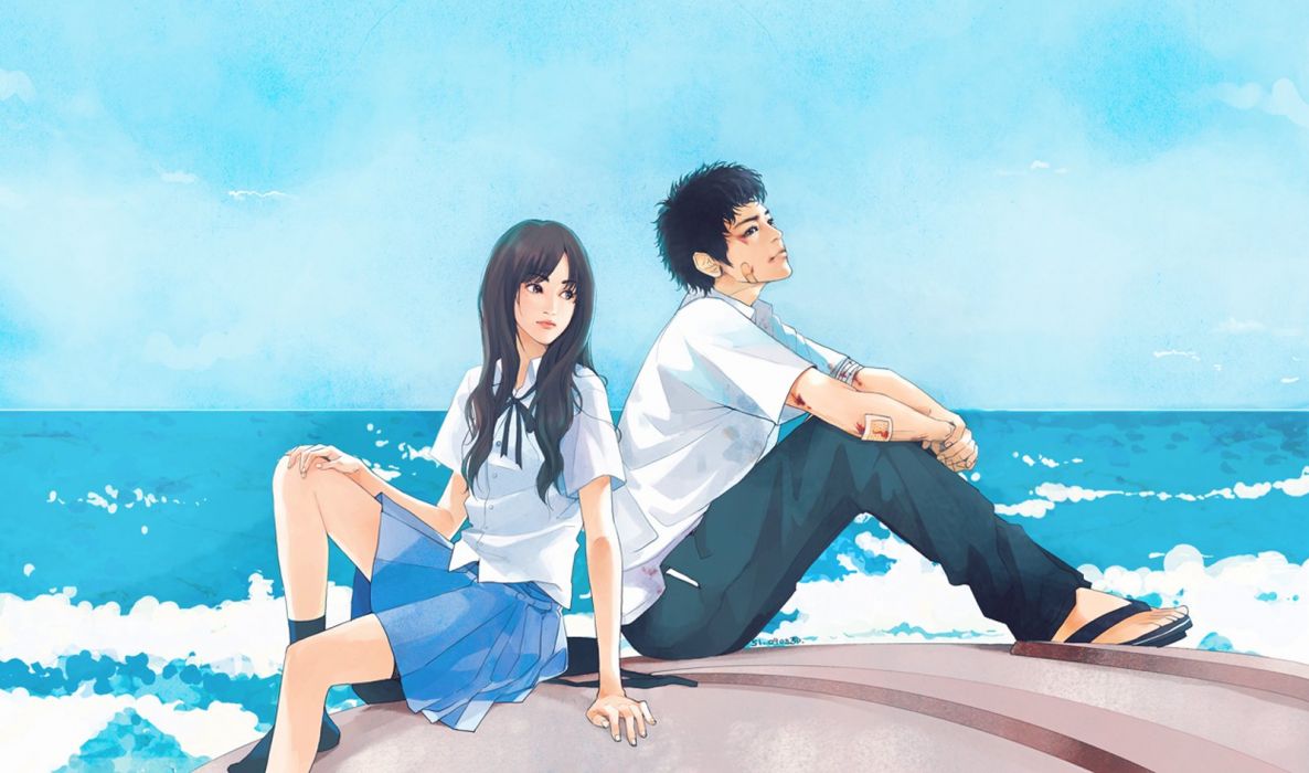 Sea blue couple love anime girl boy school uniforms long hair