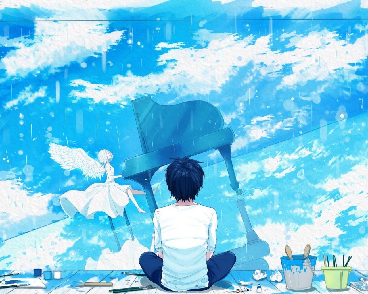 Download 1280x1024 Anime Boy, Girl, Angel, Piano, Instrument