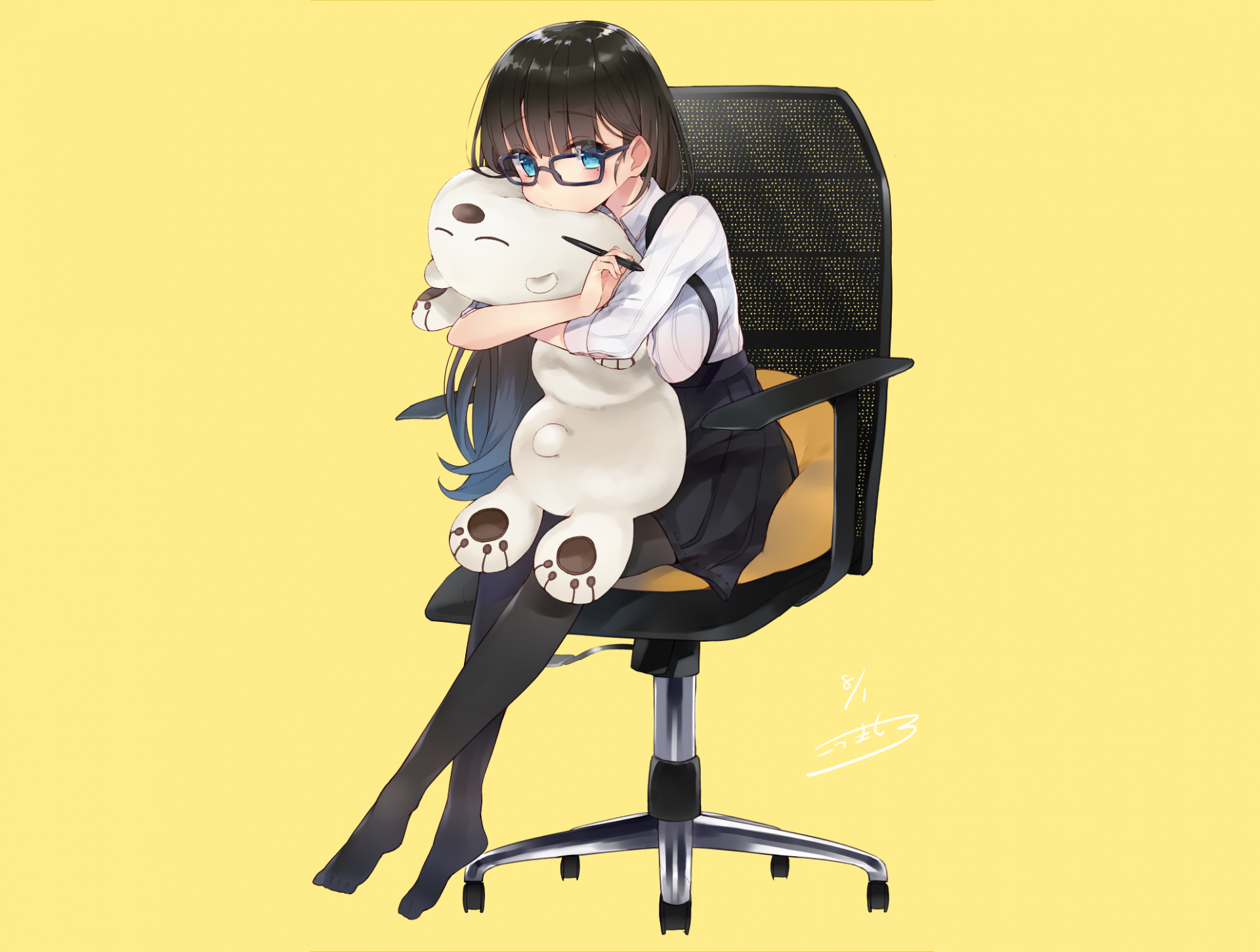 Download 1920x1451 Anime Girl, Sitting, Hugs Bear Pillow, Glasses