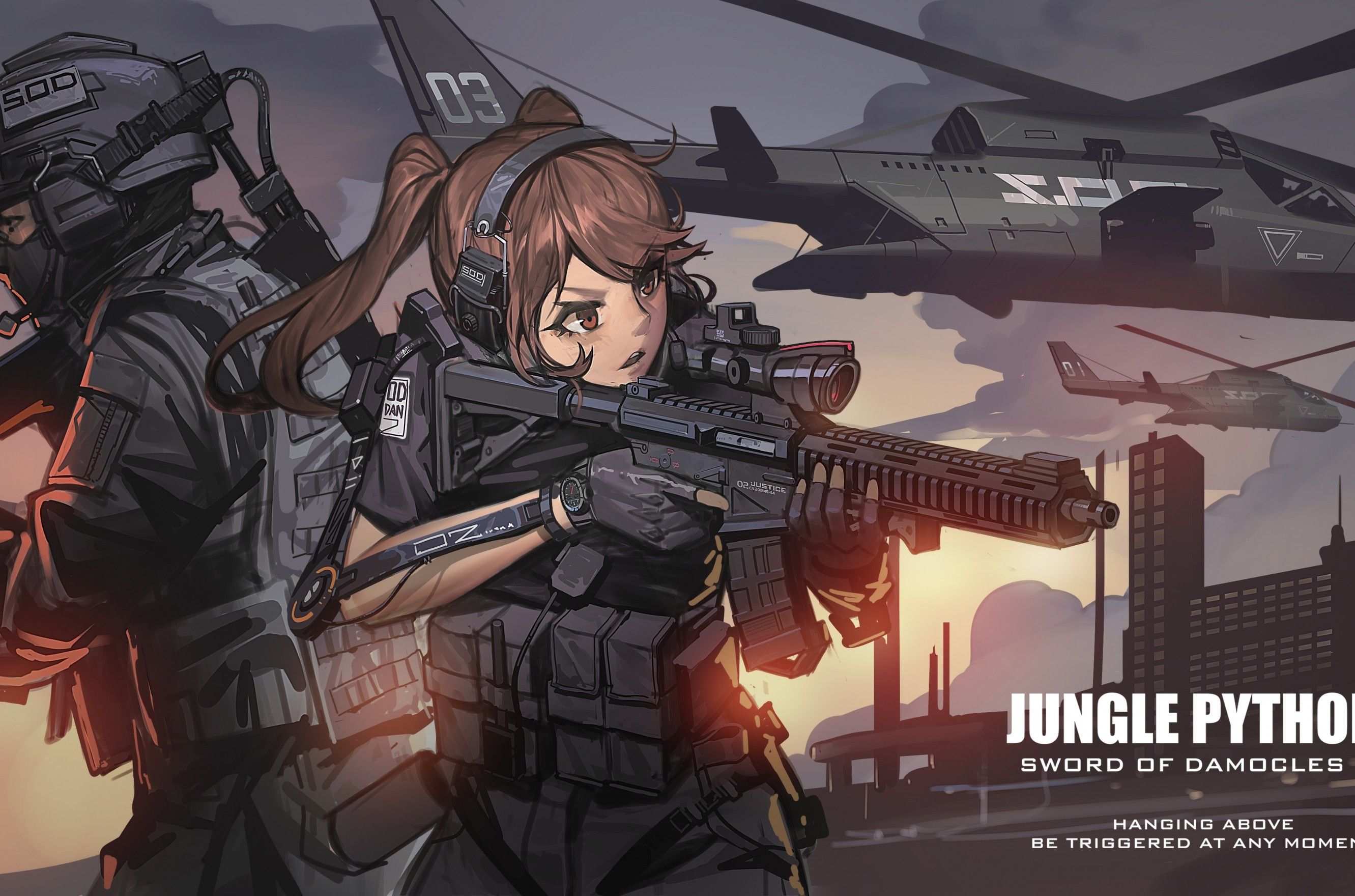 Download 2663x1760 Anime Military Girl, Combat Vehicle, Headphones