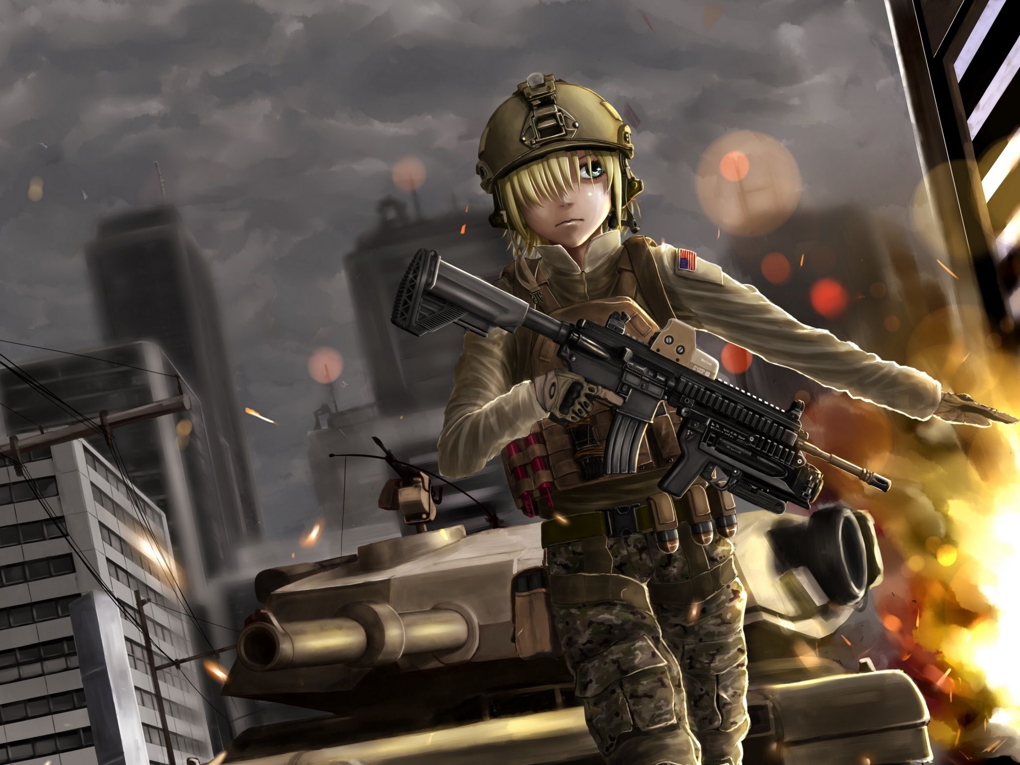 Wallpaper 4k battlefield, anime, girl, soldier 4k Anime