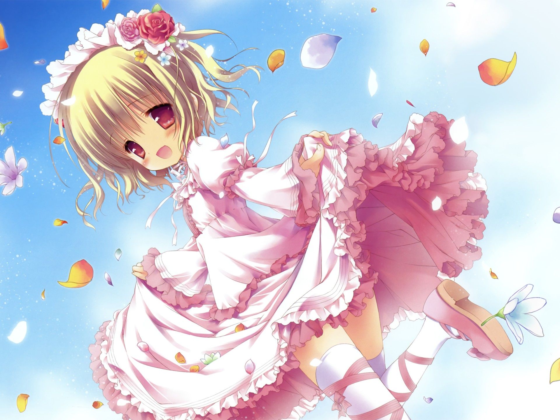 Blondes dress blossoms thigh highs lolicon anime pink eyes lolita