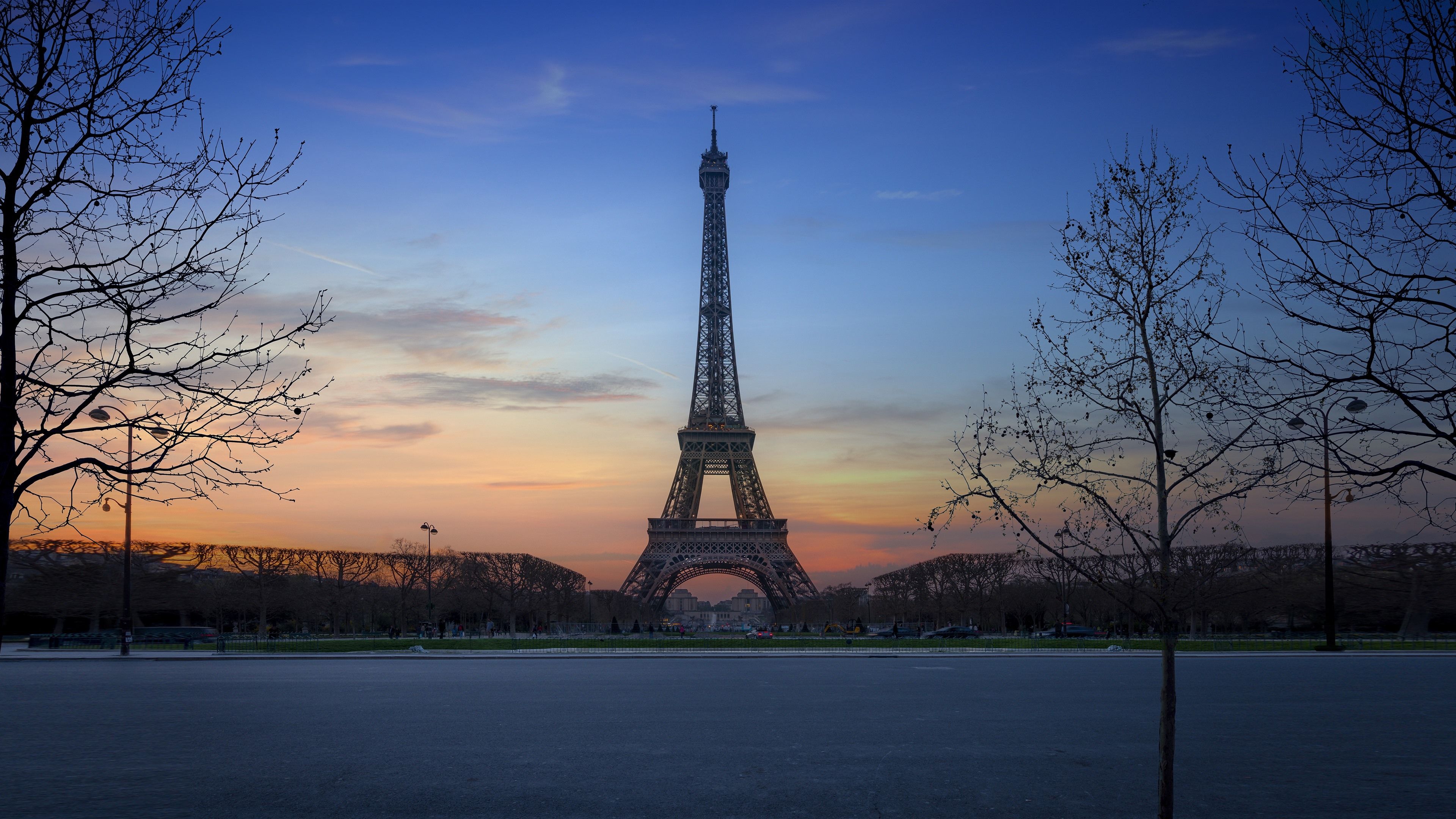 Wallpaper Eiffel Tower, night, trees, Paris, France 3840x2160 UHD