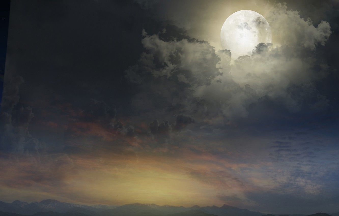 Wallpaper the sky, clouds, landscape, nature, the moon, moon, sky, landscape, nature, clouds, magic night, full, full, magical night image for desktop, section природа