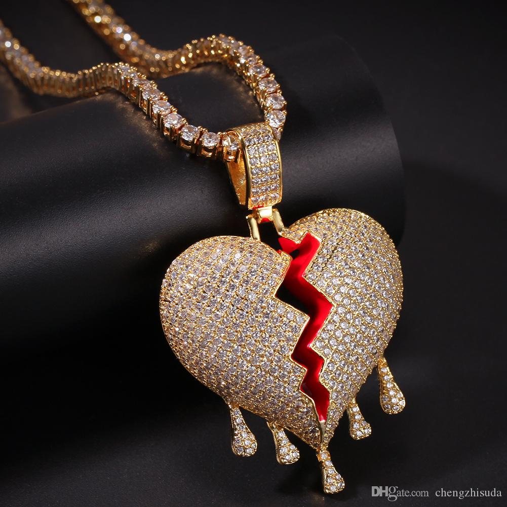 Wholesale Iced Out Drop Water Broken Hearts Necklace Pendant With