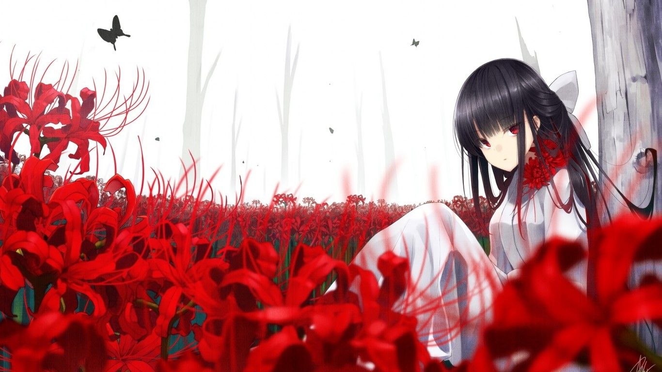 Download 1366x768 Red Eyes, Anime Girl, Butterfly, Flowers, Black