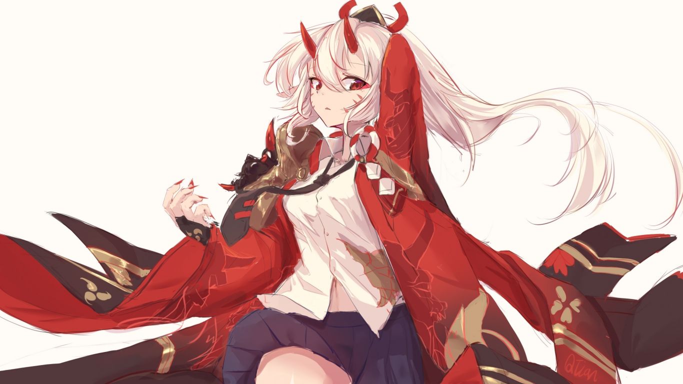 Download 1366x768 wallpaper devil, red eyes, anime girl, artwork