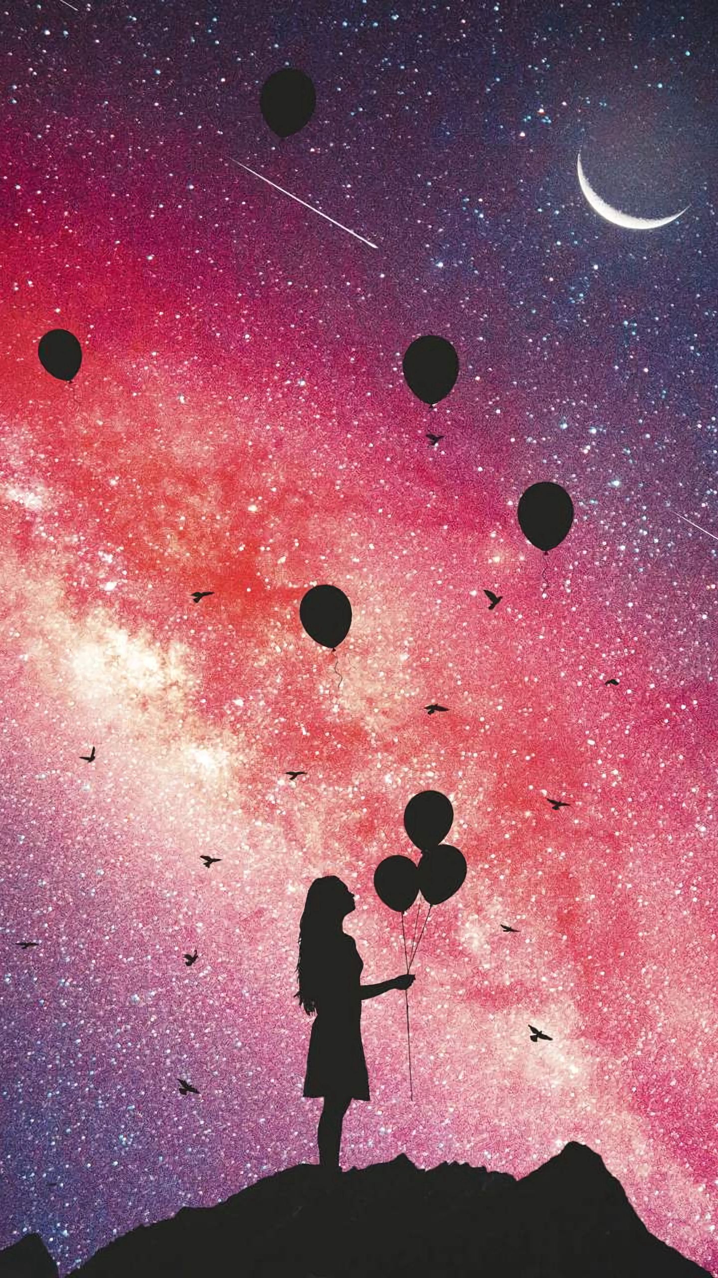 Download wallpaper 1440x2560 girl, silhouette, balloons, starry