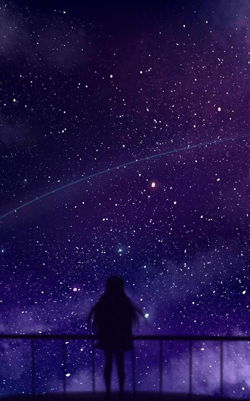 Download 800x1280 Anime Girl, Stars, Clouds, Fence, Silhouette