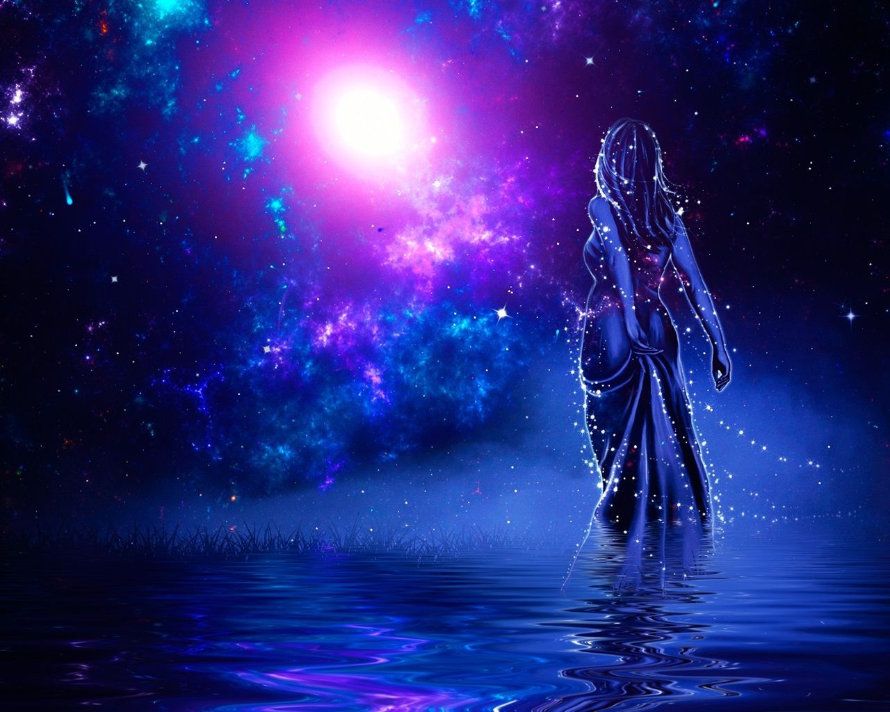 Wallpaper Girl back view, shine, water, stars, galaxy, art picture