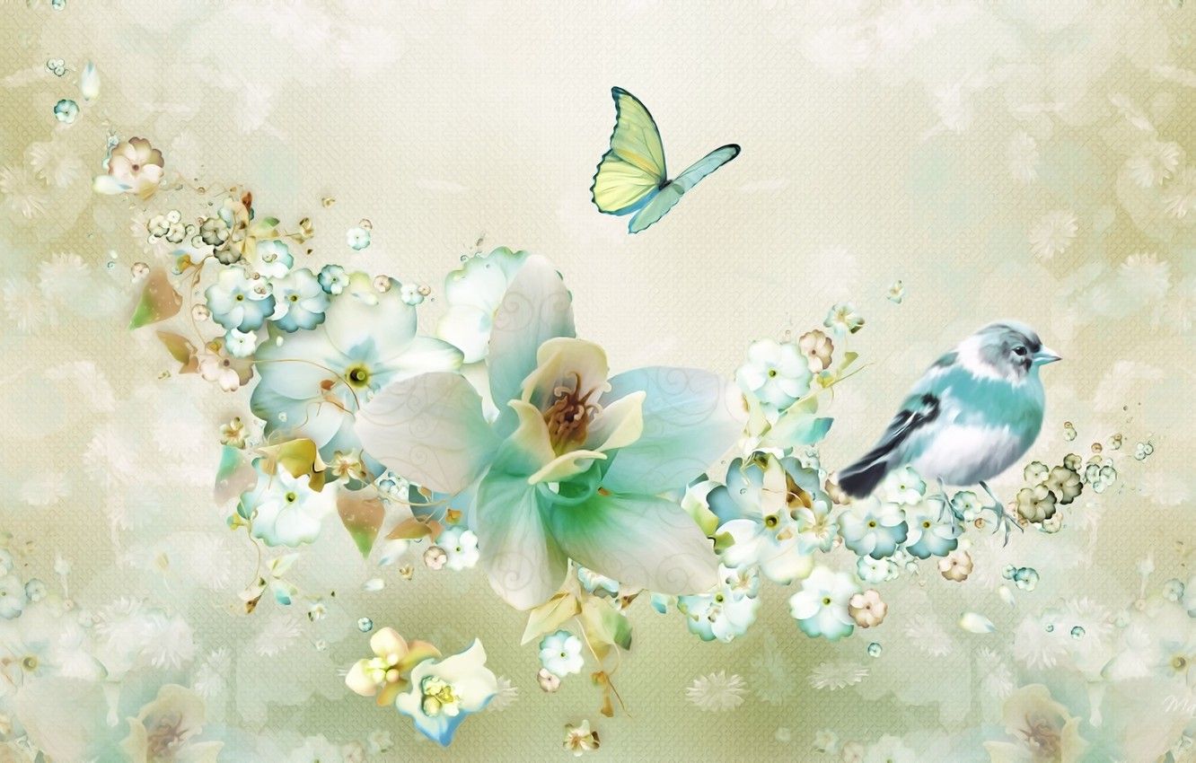 Wallpaper flowers, rendering, background, fantasy, collage, bird, butterfly, figure, spring, petals, picture image for desktop, section рендеринг