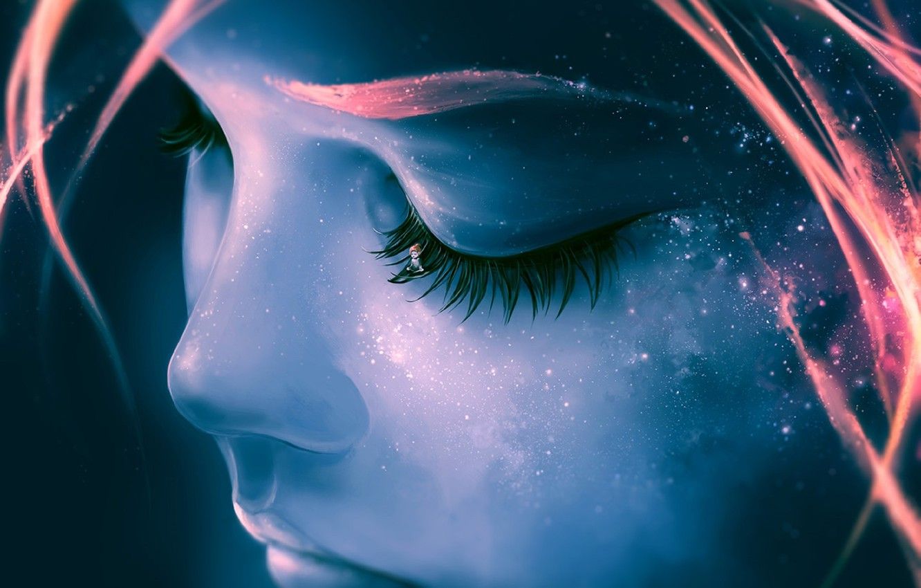 Wallpaper the sky, girl, stars, face, eyelashes, Space, galaxy
