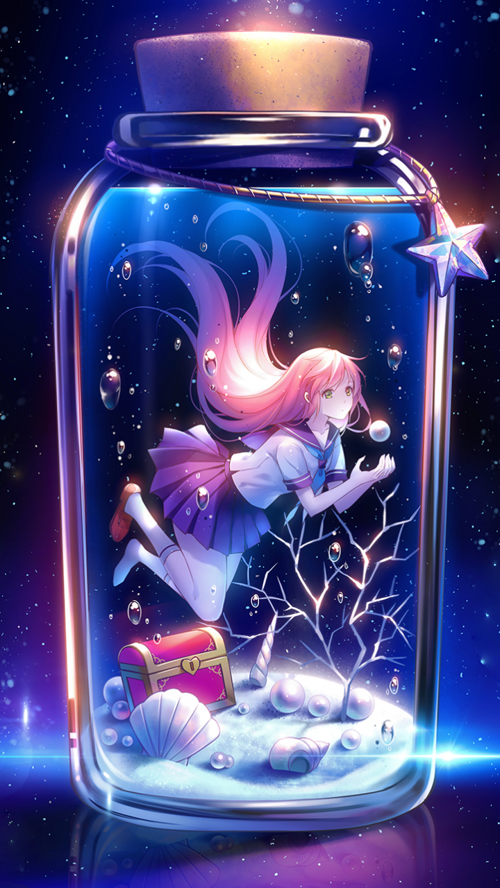 Download 720x1280 Anime Girl, In A Jar, Stars, School Uniform
