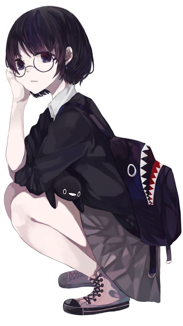 anime girl with black hair and glasses