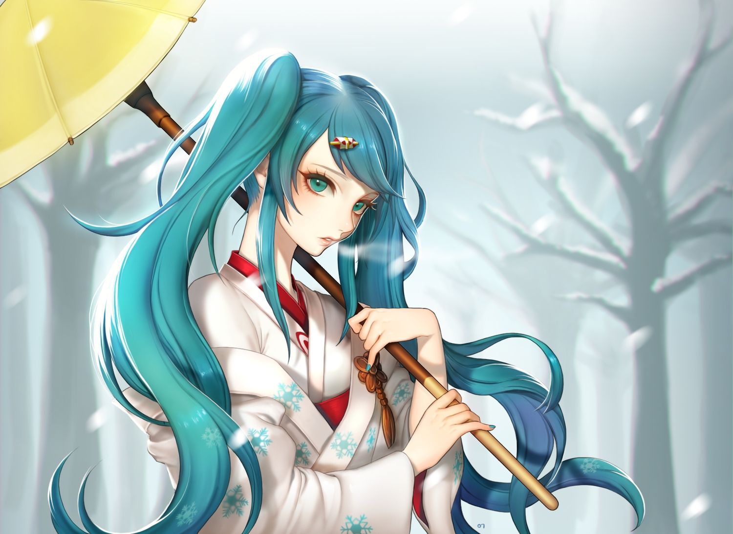 aegyo aqua eyes aqua hair hatsune miku japanese clothes kimono