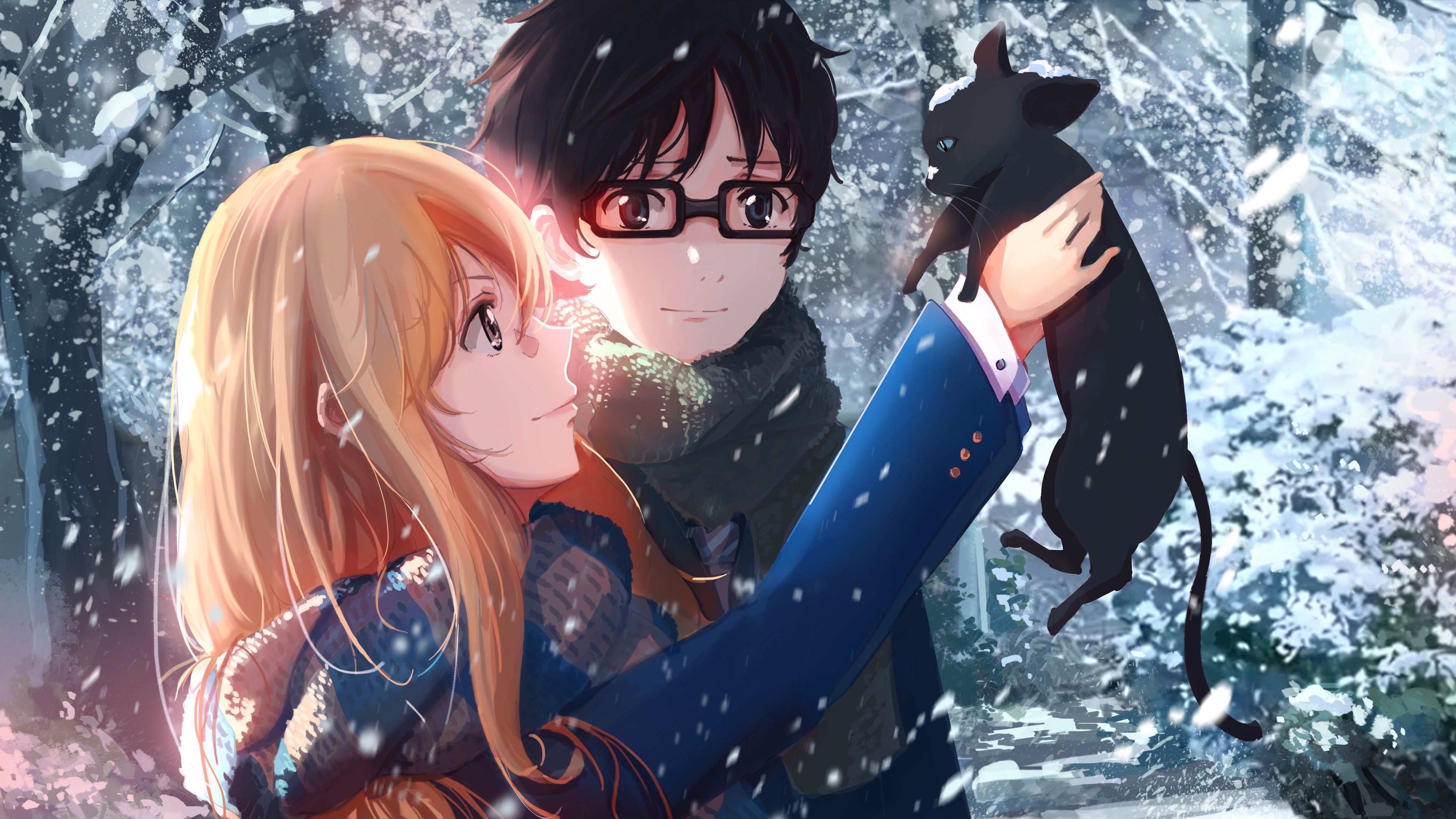Wallpaper Anime girl and boy in winter, cat, snow 3840x2160 UHD 4K