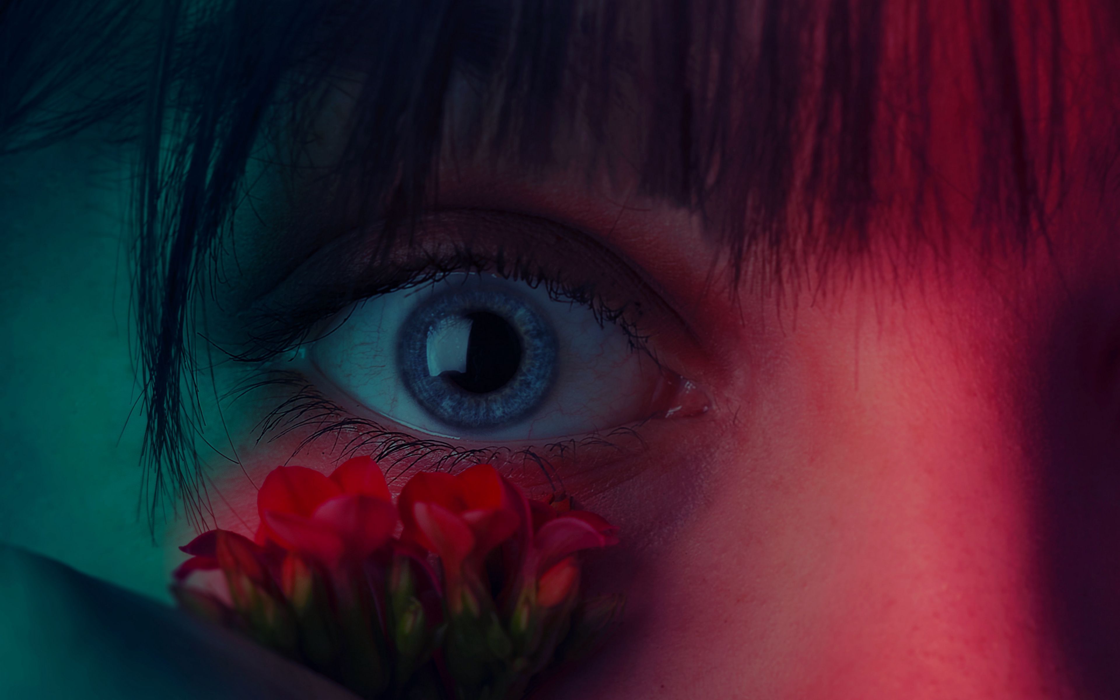 Download wallpaper 3840x2400 eye, flower, girl, closeup, face 4k