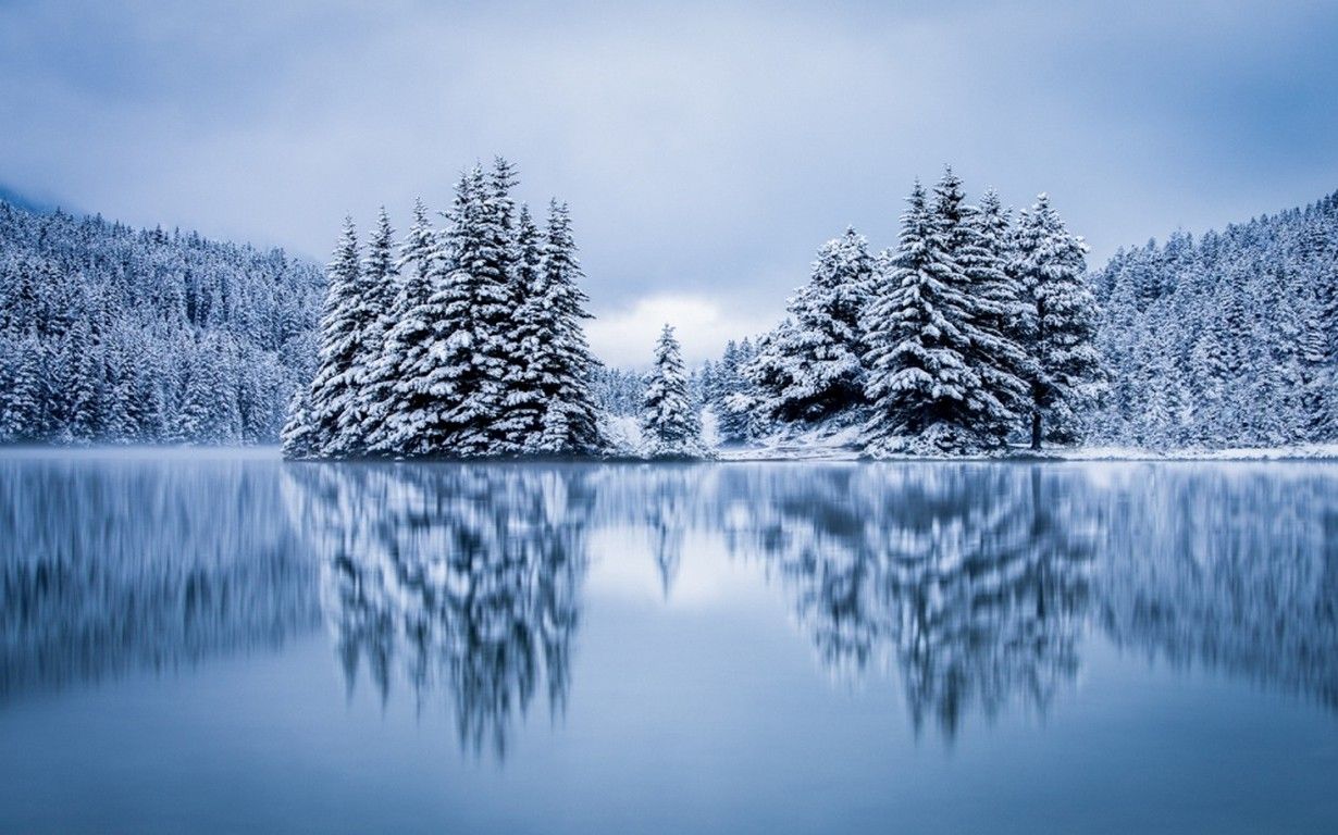 landscape, Nature, Lake, Forest, Hill, Overcast, Reflection, Winter, Cold, Snow, Pine Trees, Calm Wallpaper HD / Desktop and Mobile Background