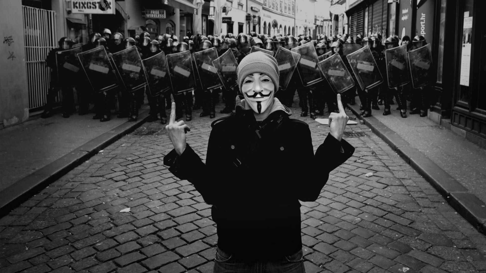 Anonymous, police, f*ck off, masks, V for Vendetta wallpaper