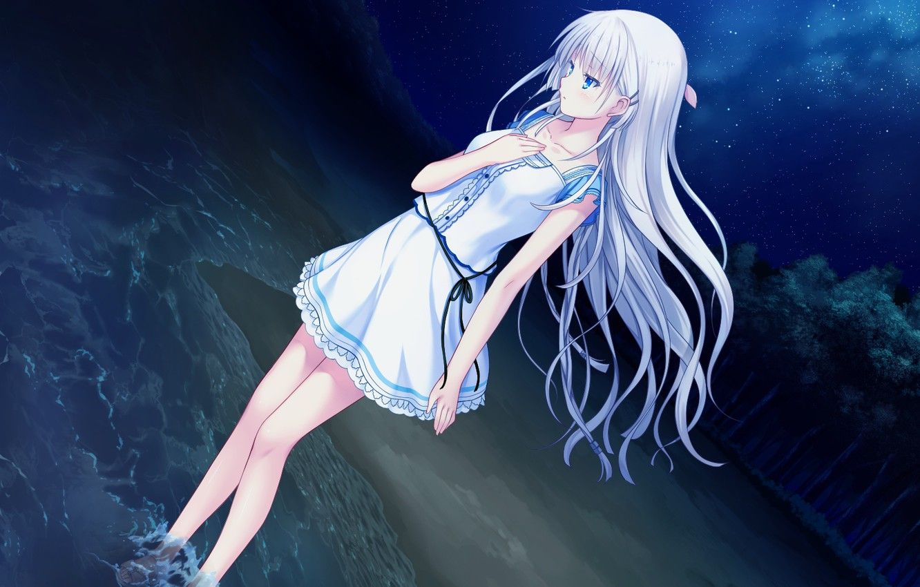 Wallpaper white hair, anime girl, vampire, original desktop wallpaper, hd  image, picture, background, 8ef119