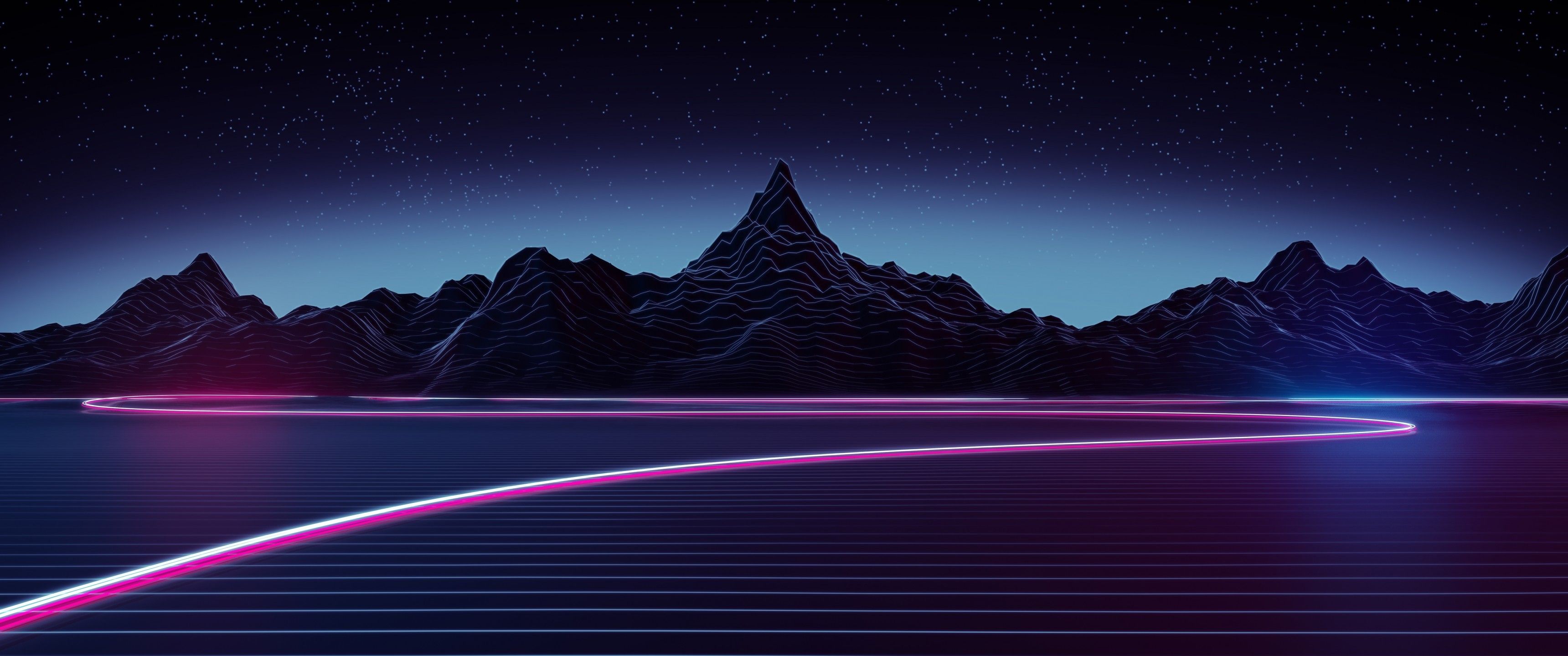 Download 3440x1440 Synthwave, Landscape, Neon Light, Mountain