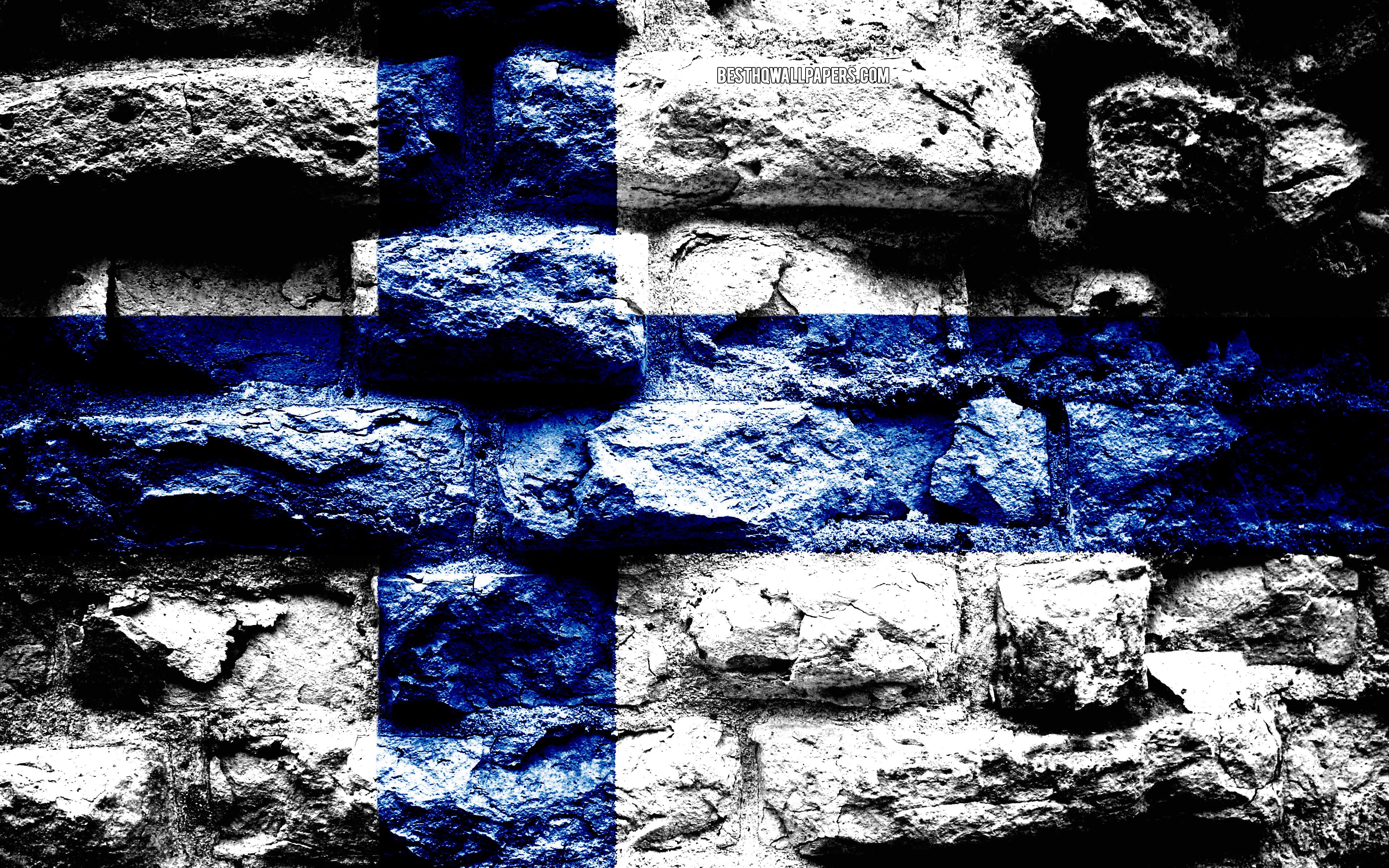 Download wallpaper Finland flag, grunge brick texture, Flag