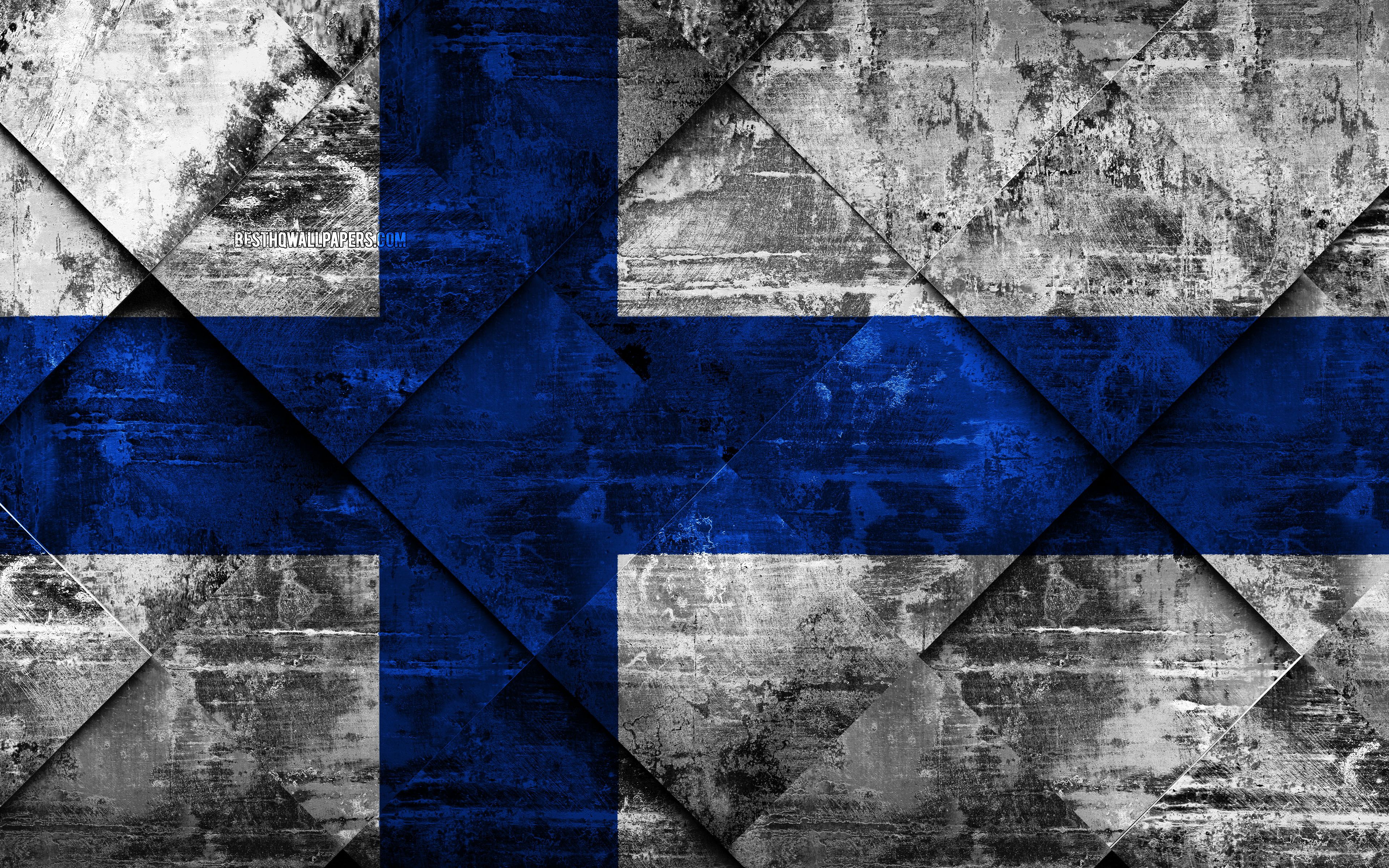 Download wallpaper Flag of Finland, 4k, grunge art, rhombus