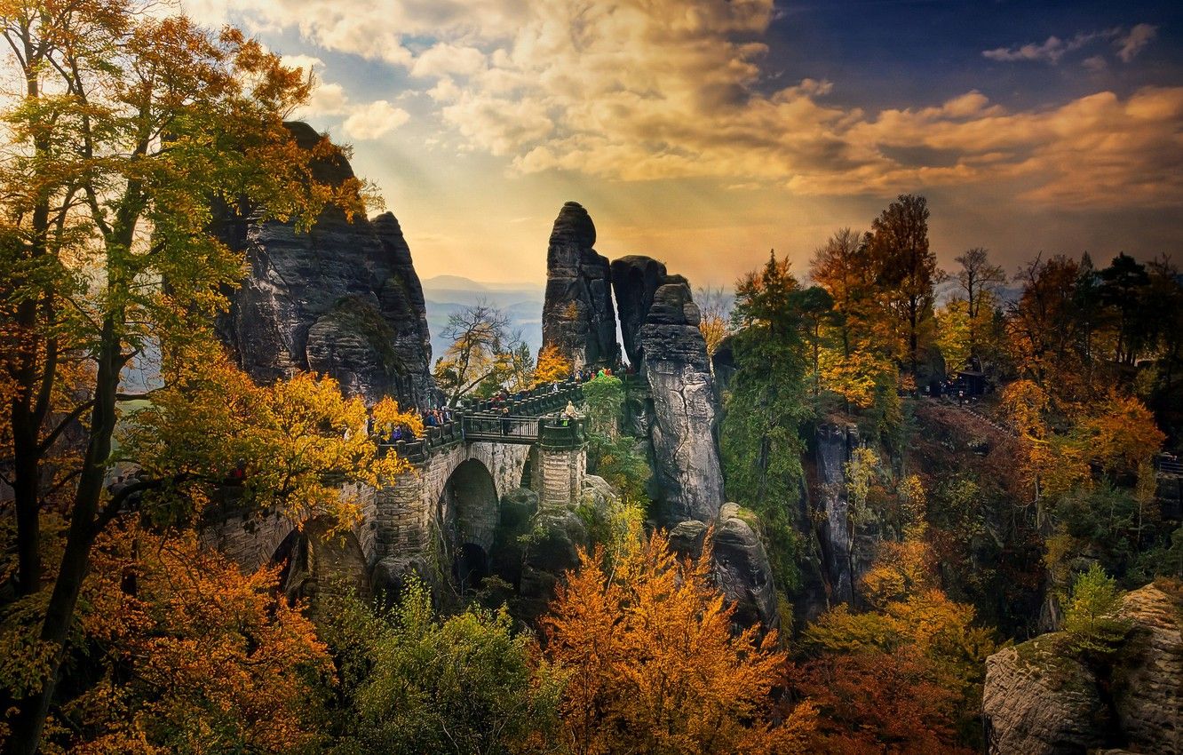 Wallpaper autumn, trees, people, rocks, Germany, Saxony, Bataiskiy bridge image for desktop, section пейзажи