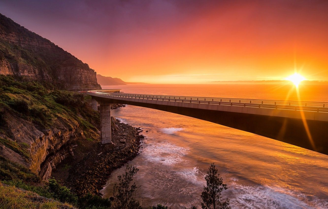 Wallpaper landscape, sunset, Sea Cliff Bridge, NSW Australia