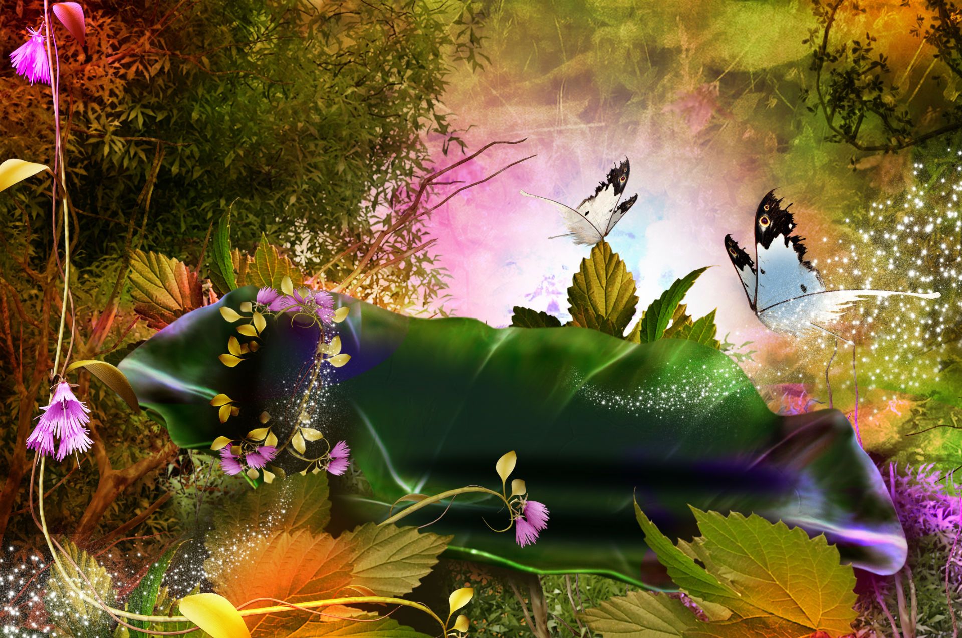 3D nature phantasmagoria butterfly leaves forest magic flowers wallpaperx1274