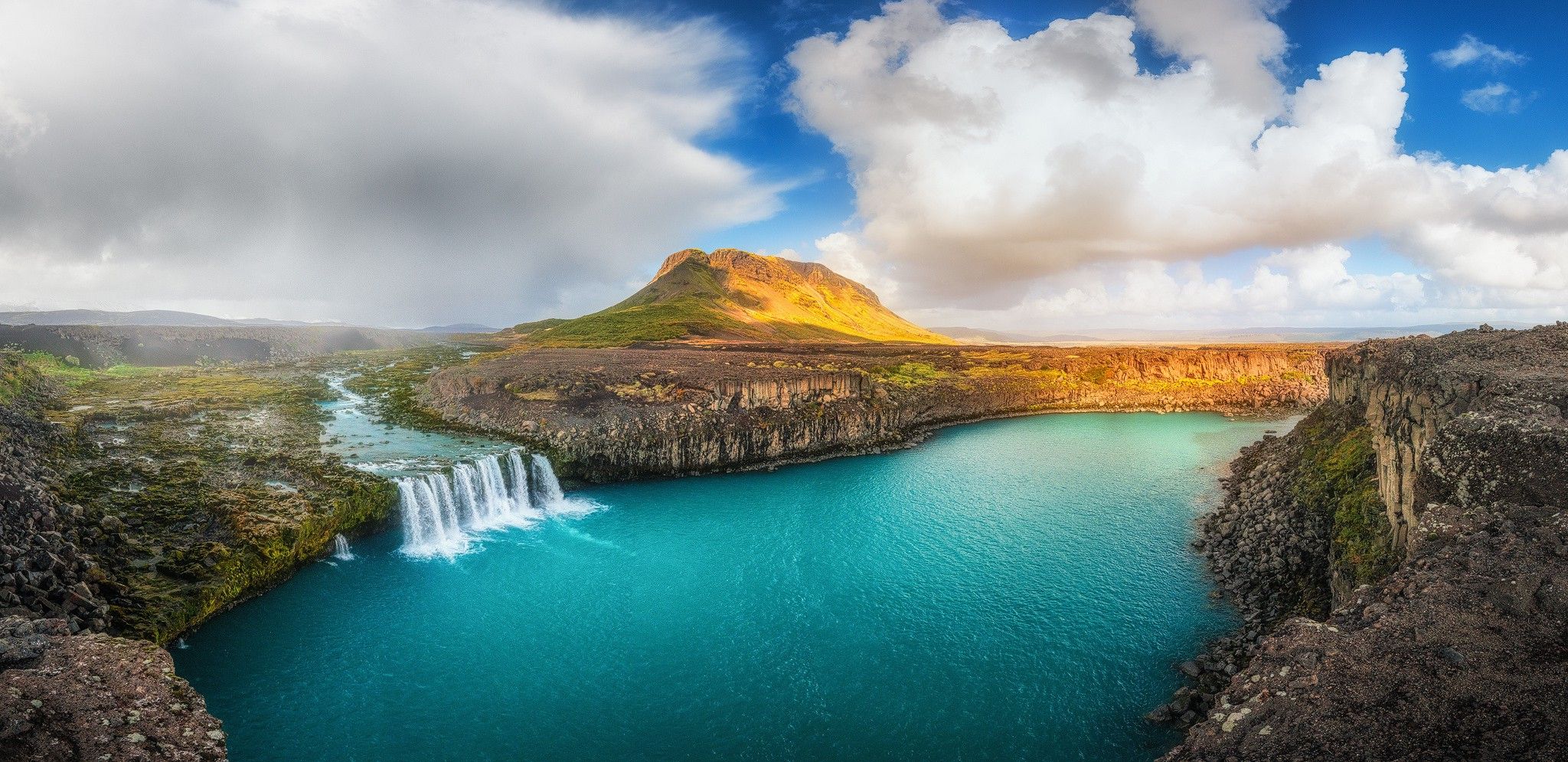 waterfall, Summer, Iceland, River, Clouds, Cliff, Panoramas, Water