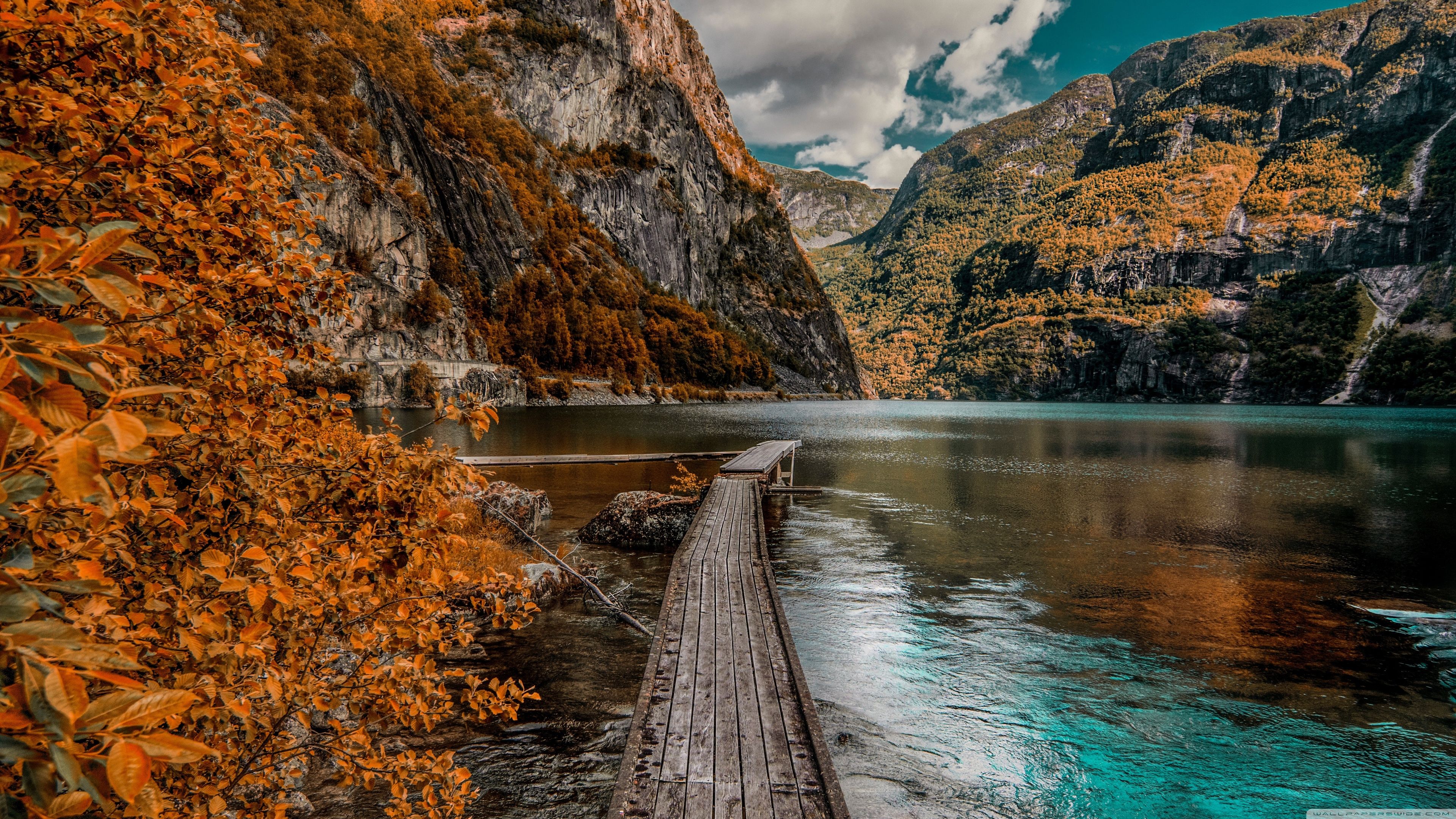 Mountains, Wooden Dock, Lake, Autumn Ultra HD Desktop Background