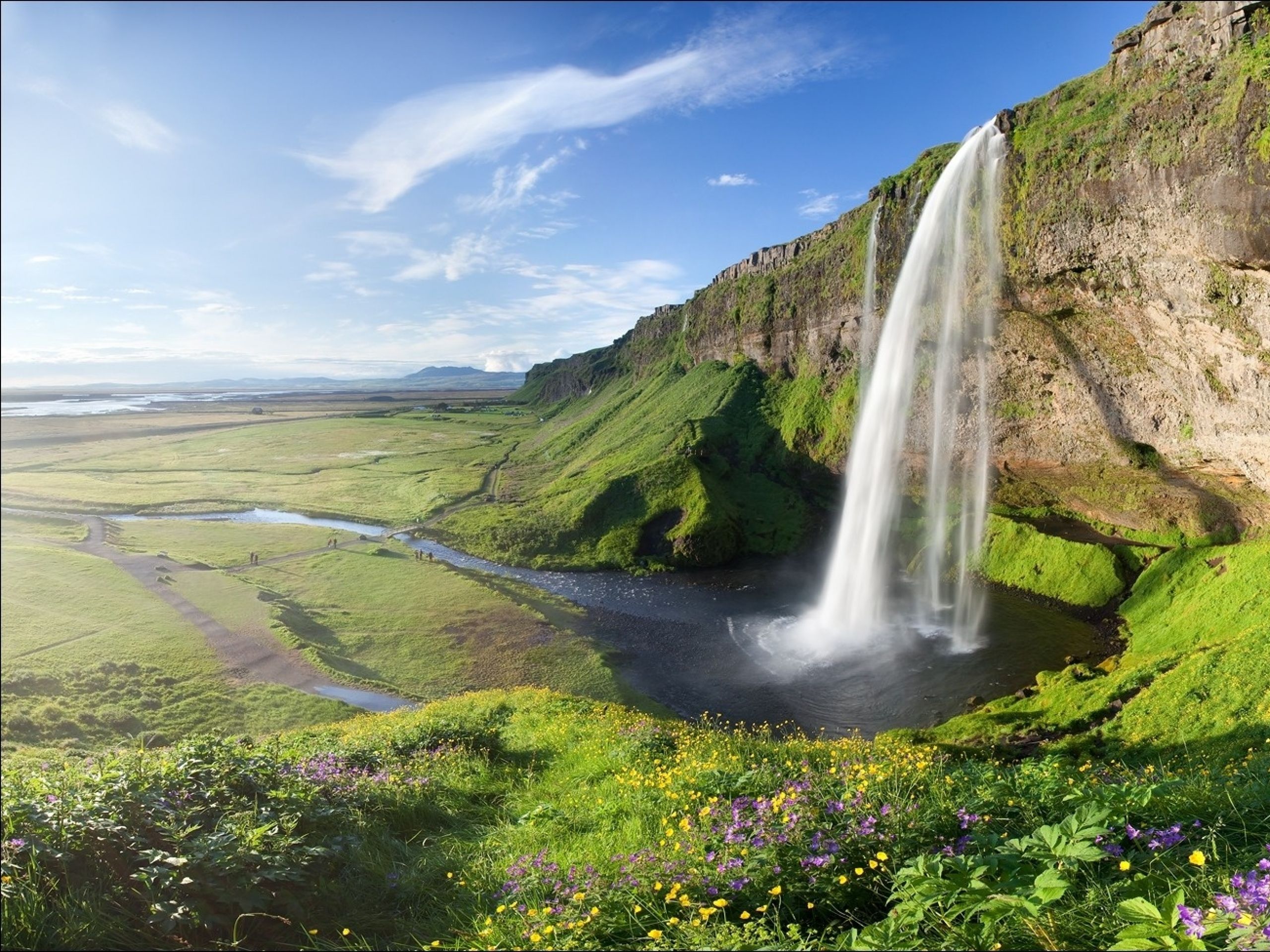 2560x1920 Summer Valley Cliff Waterfall desktop PC and Mac wallpapers