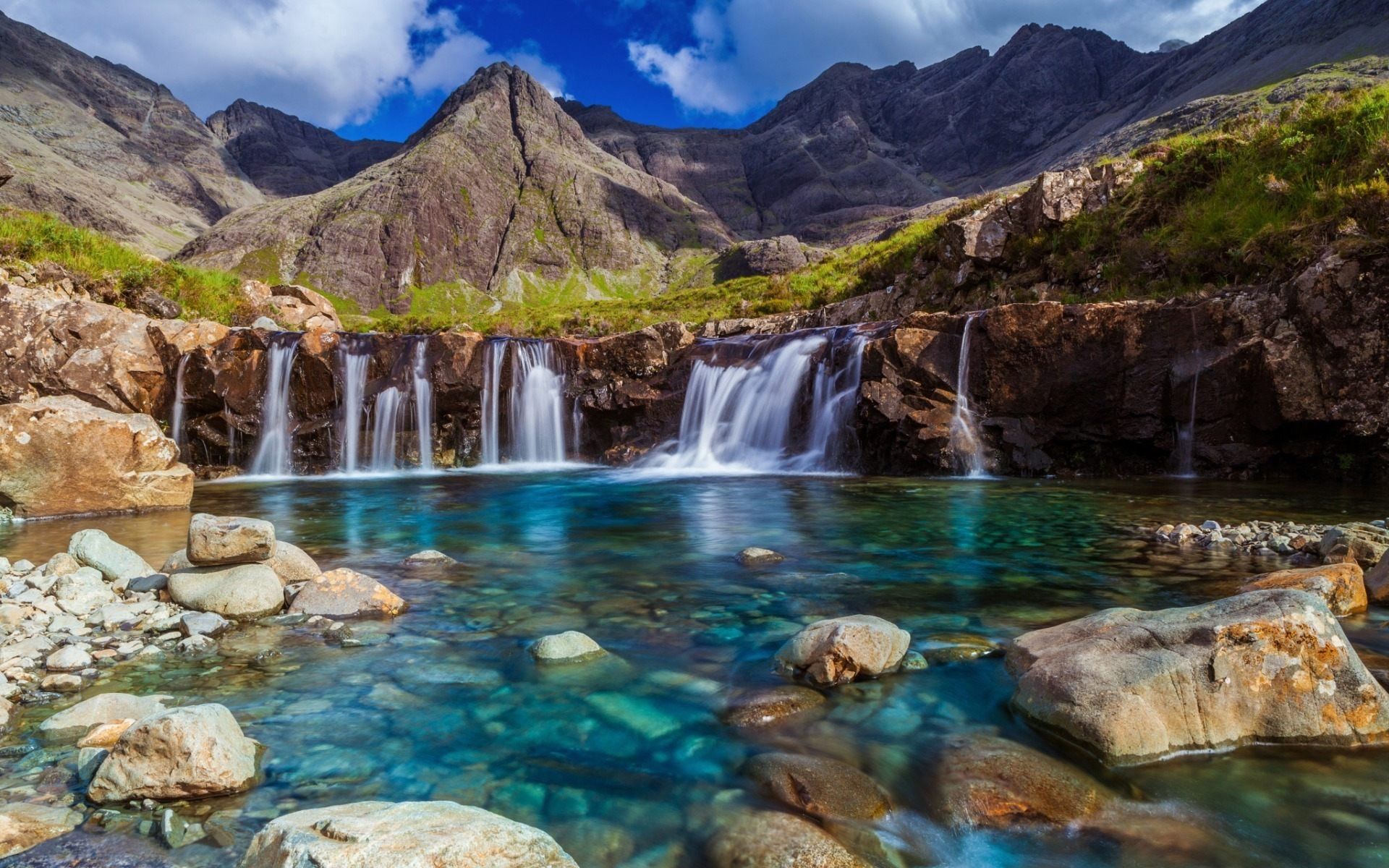 Download wallpapers mountains, waterfalls, summer, rocks, scotland