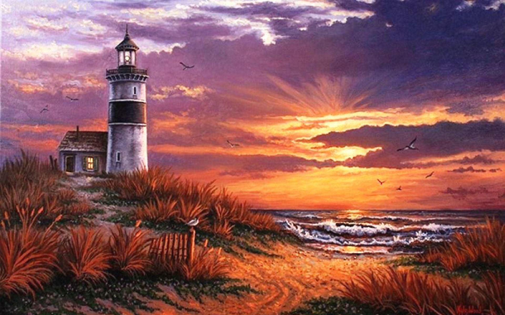 Ocean Light House Beach Sunset Wallpaper And Stock House