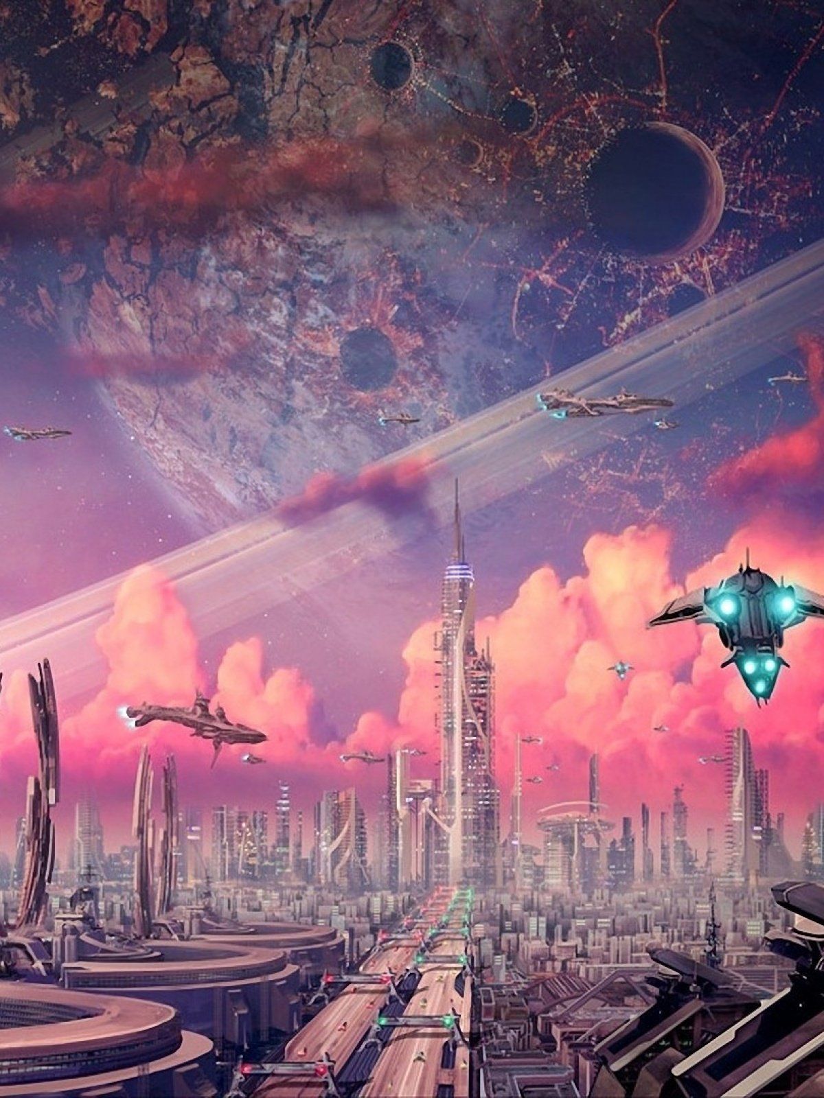 Airship digital city Artwork mobile wallpaper. Fantasy landscape