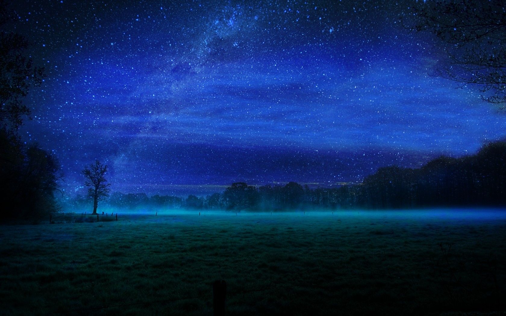 night, stars, fields, mist wallpaper