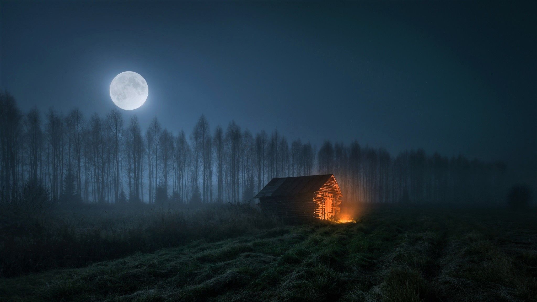 Full Moon over Lone Cabin in Field HD Wallpaper. Background Image