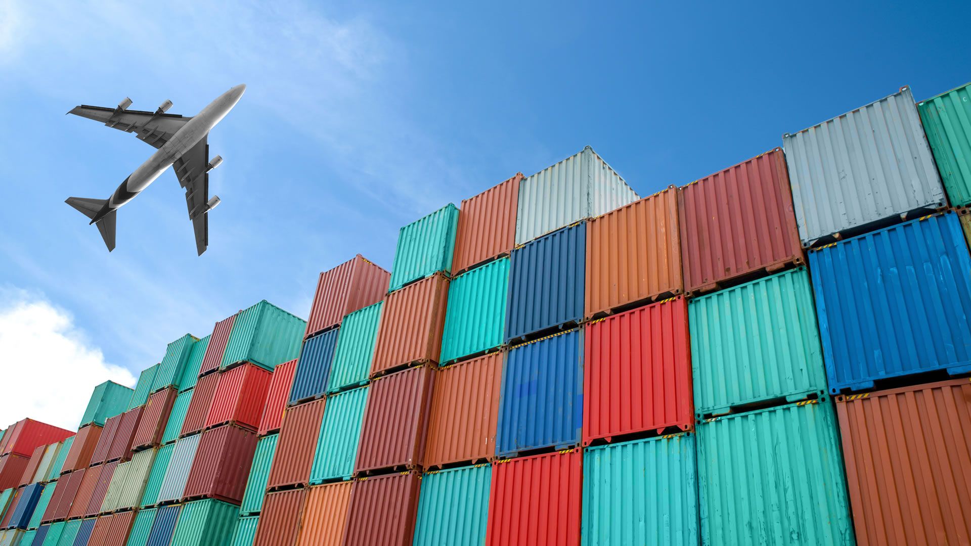 containers, Airplane, Sky, Colorful, Clouds, Worms eye view