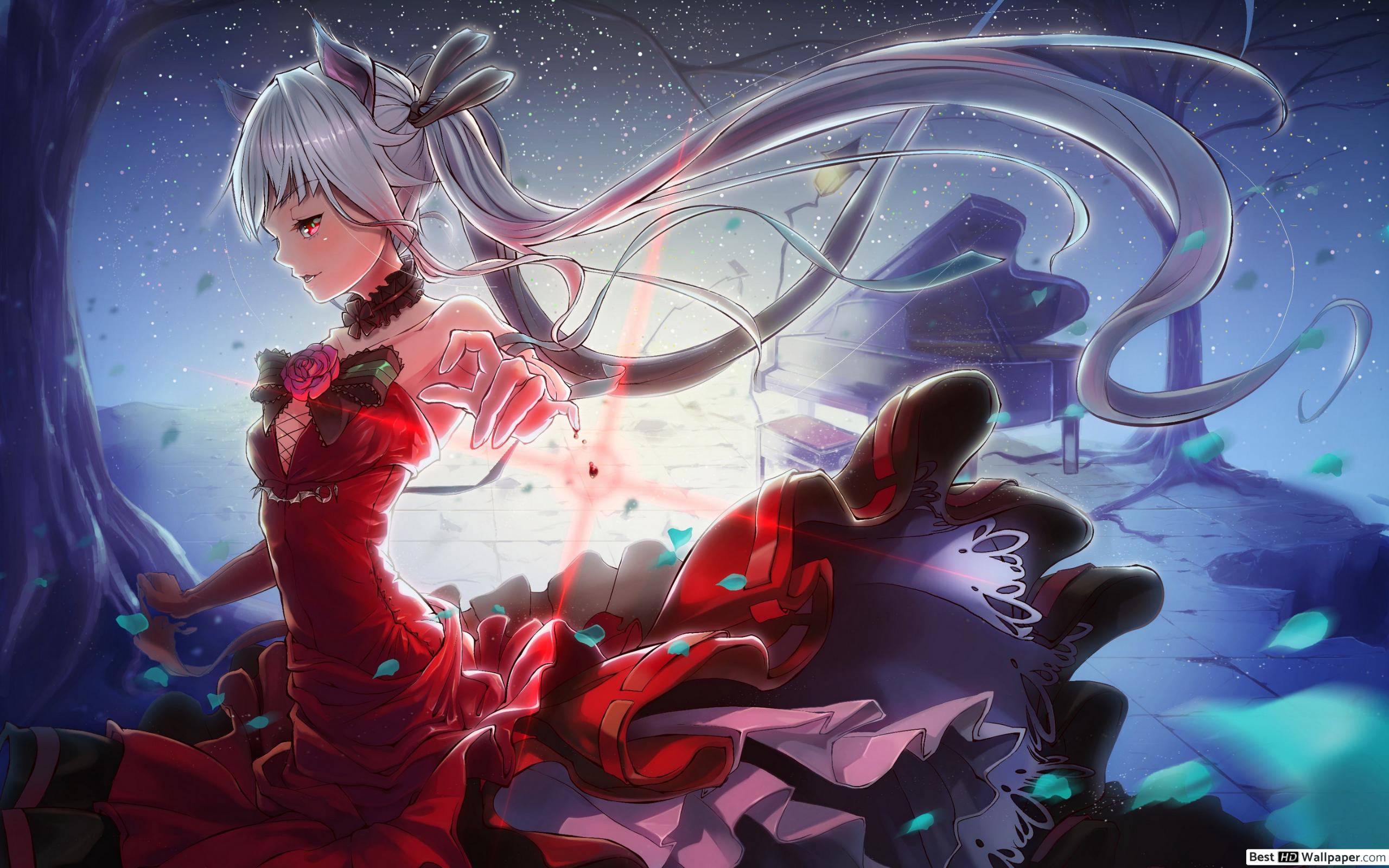 Anime girl white hair red dress and piano HD wallpaper download