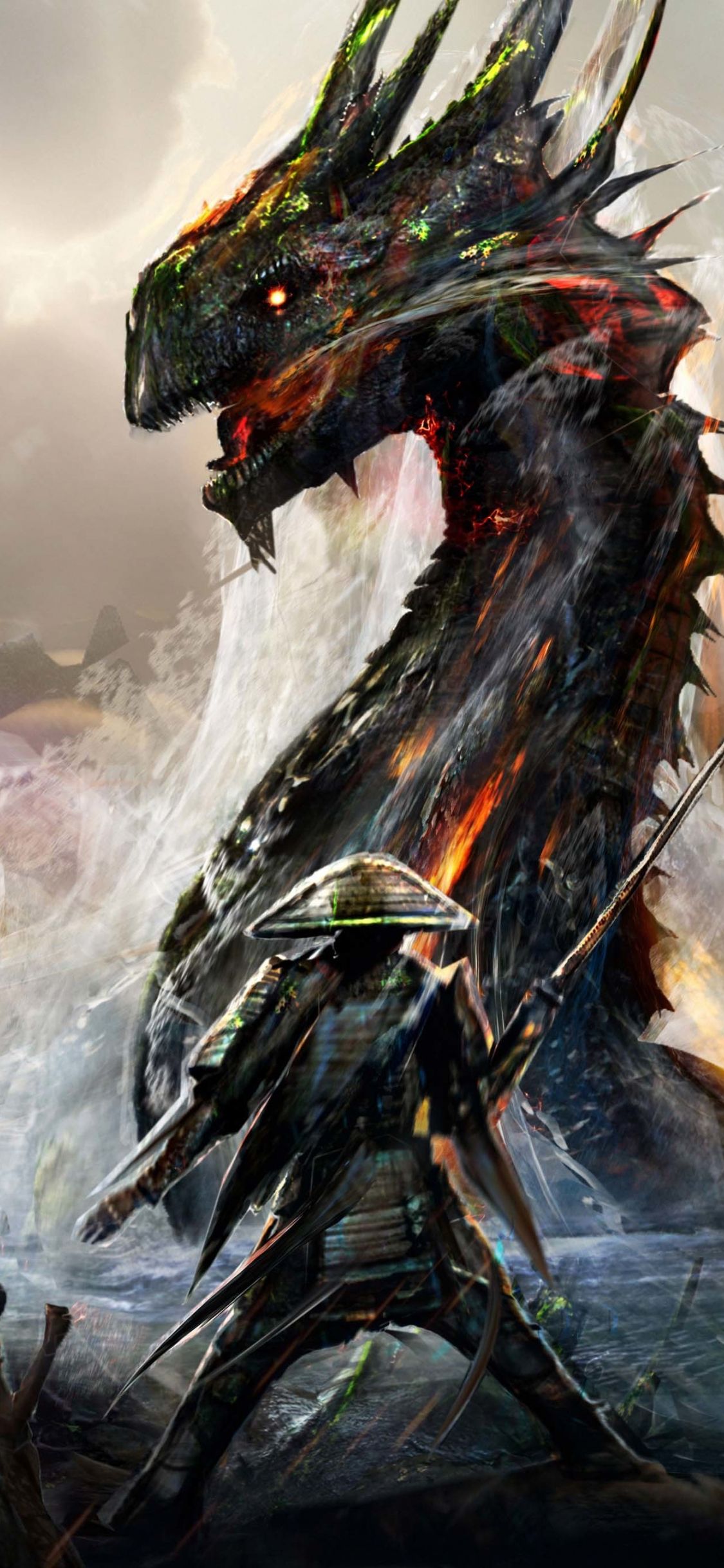 Download 1125x2436 wallpaper dragons and ninjas, warriors, art
