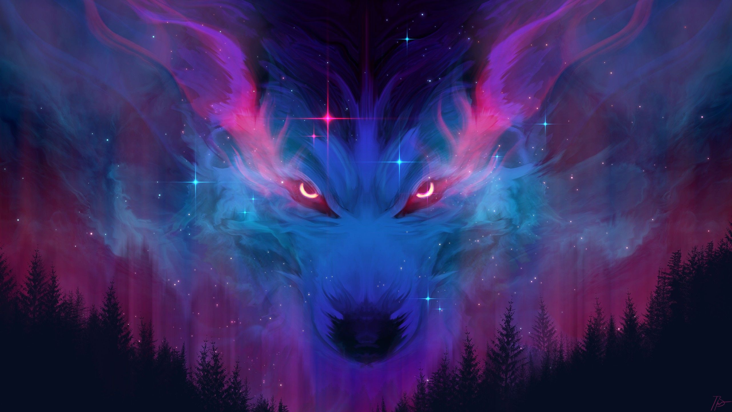 Wolf in the sky of forest Wallpaper 2k Quad HD