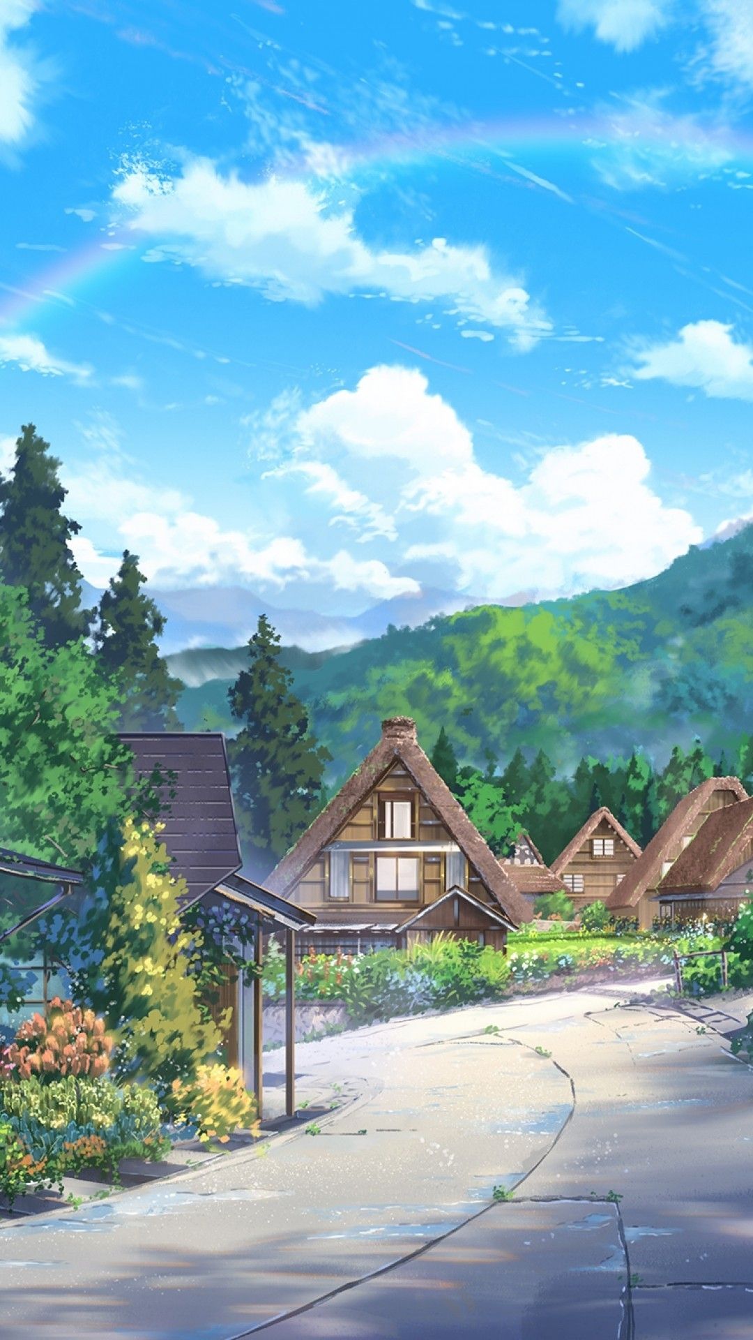 Download 1080x1920 Anime Landscape, Houses, Scenic, Clouds, Nature